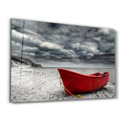 Red Sailing Boat | Glass Wall Art - Artdesigna