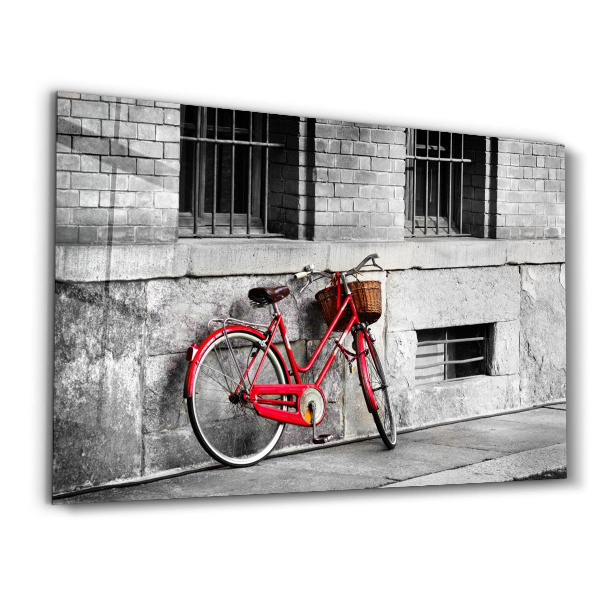 Red Bicycle Retro | Glass Wall Art - Artdesigna