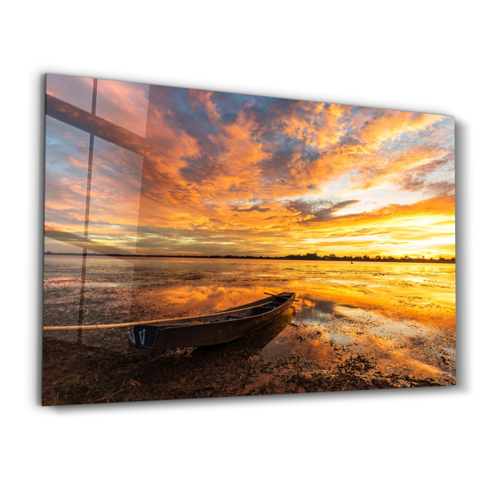 Golden Sunset over the Lake | Glass Wall Art - Artdesigna