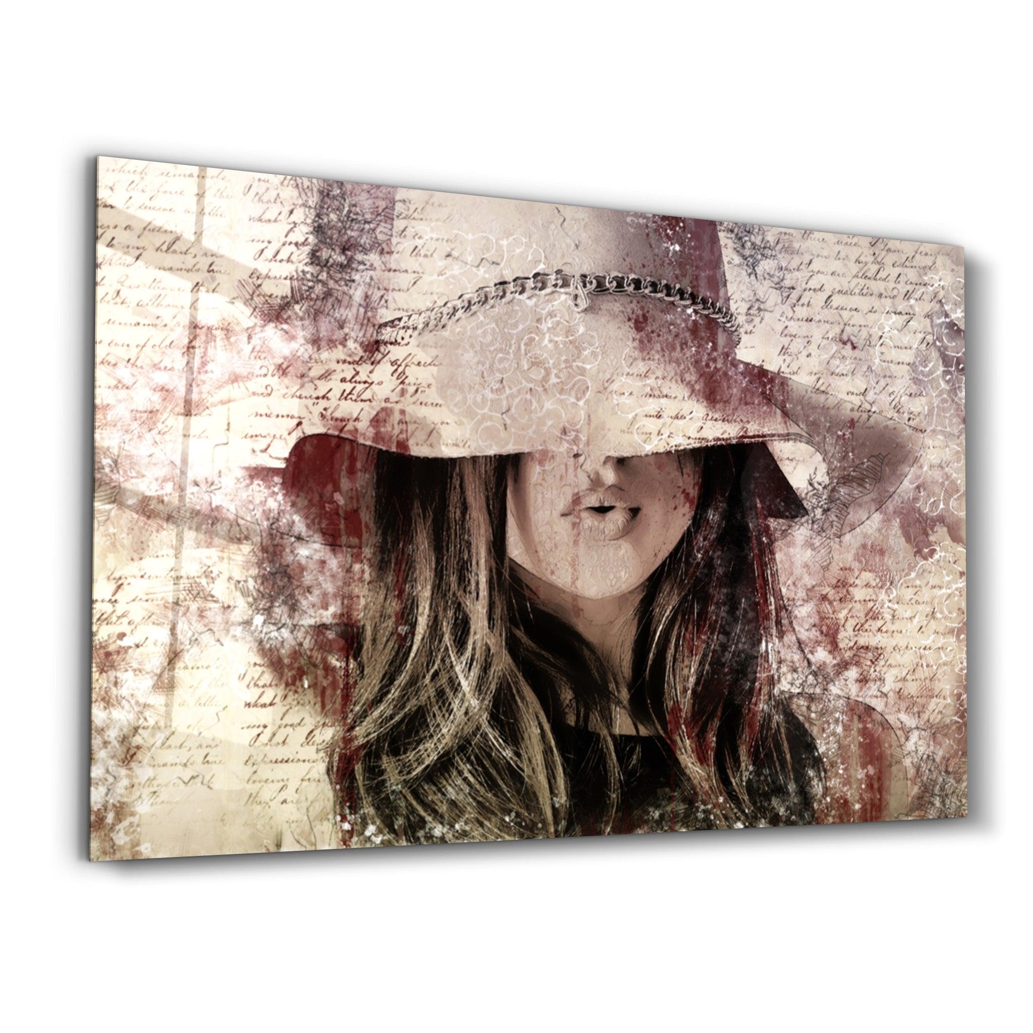 Girl in Retro Hat | Glass Wall Art - Artdesigna