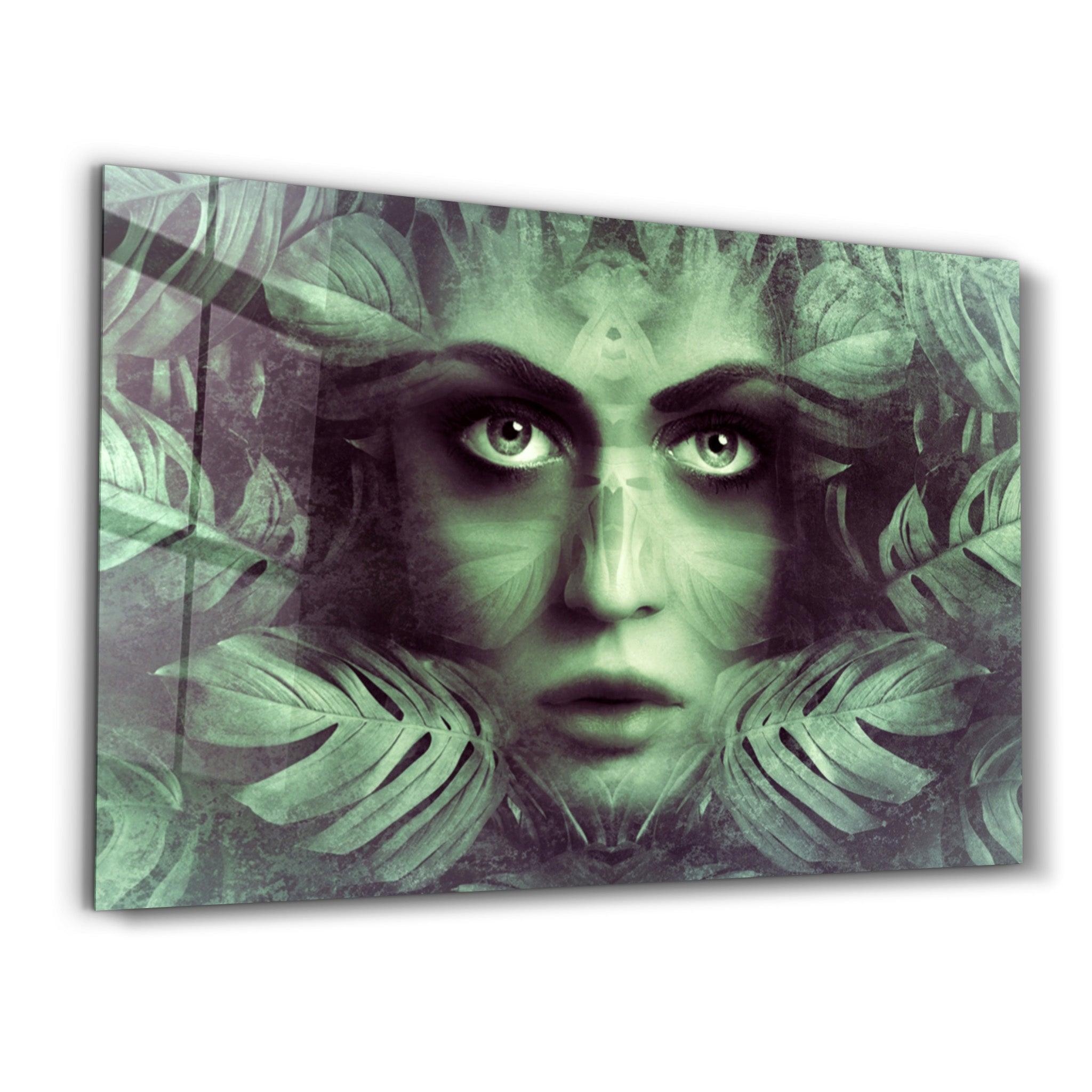 Tropical Leaf and Woman Portrait | Glass Wall Art - Artdesigna