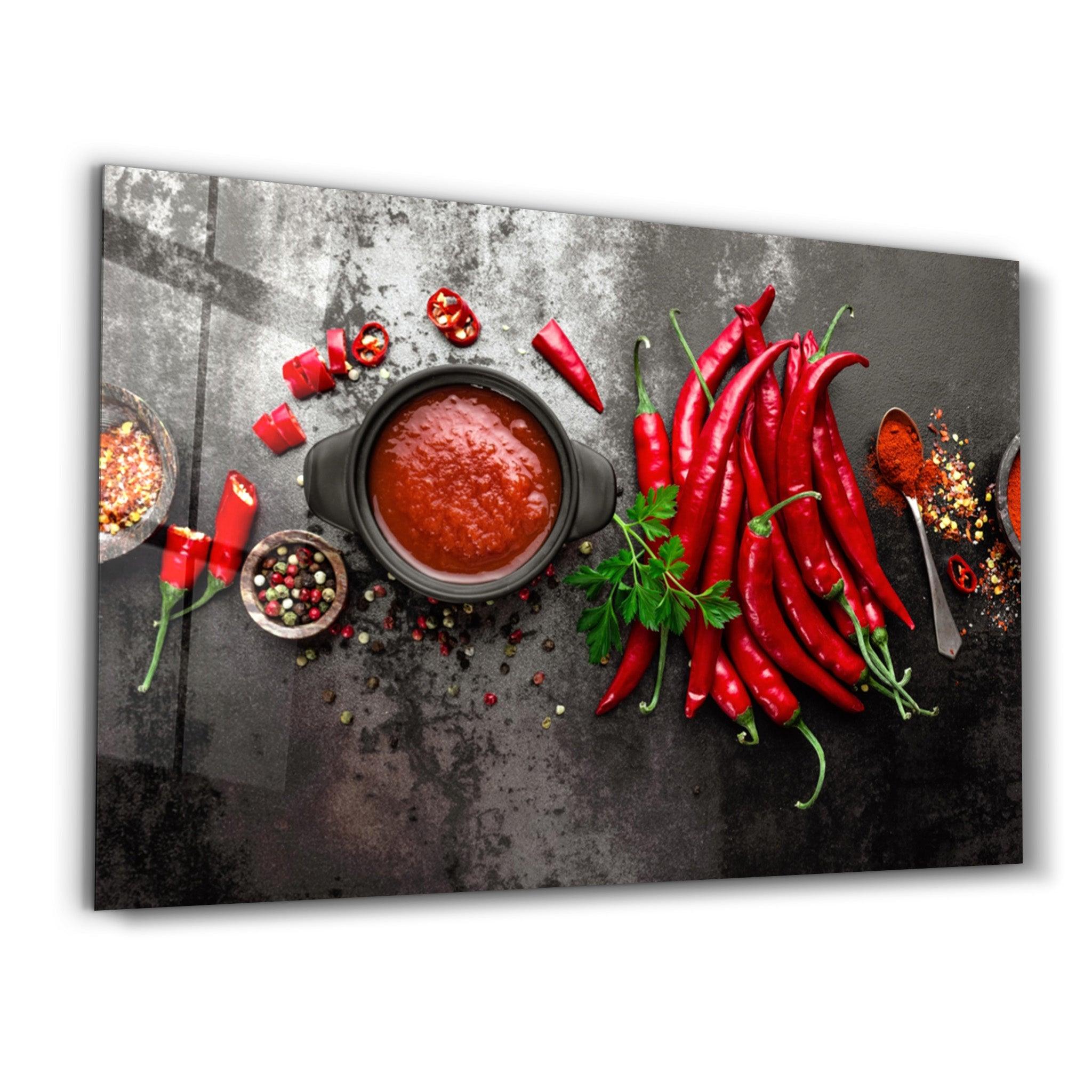 Red Peppers and Sauce | Glass Wall Art - Artdesigna