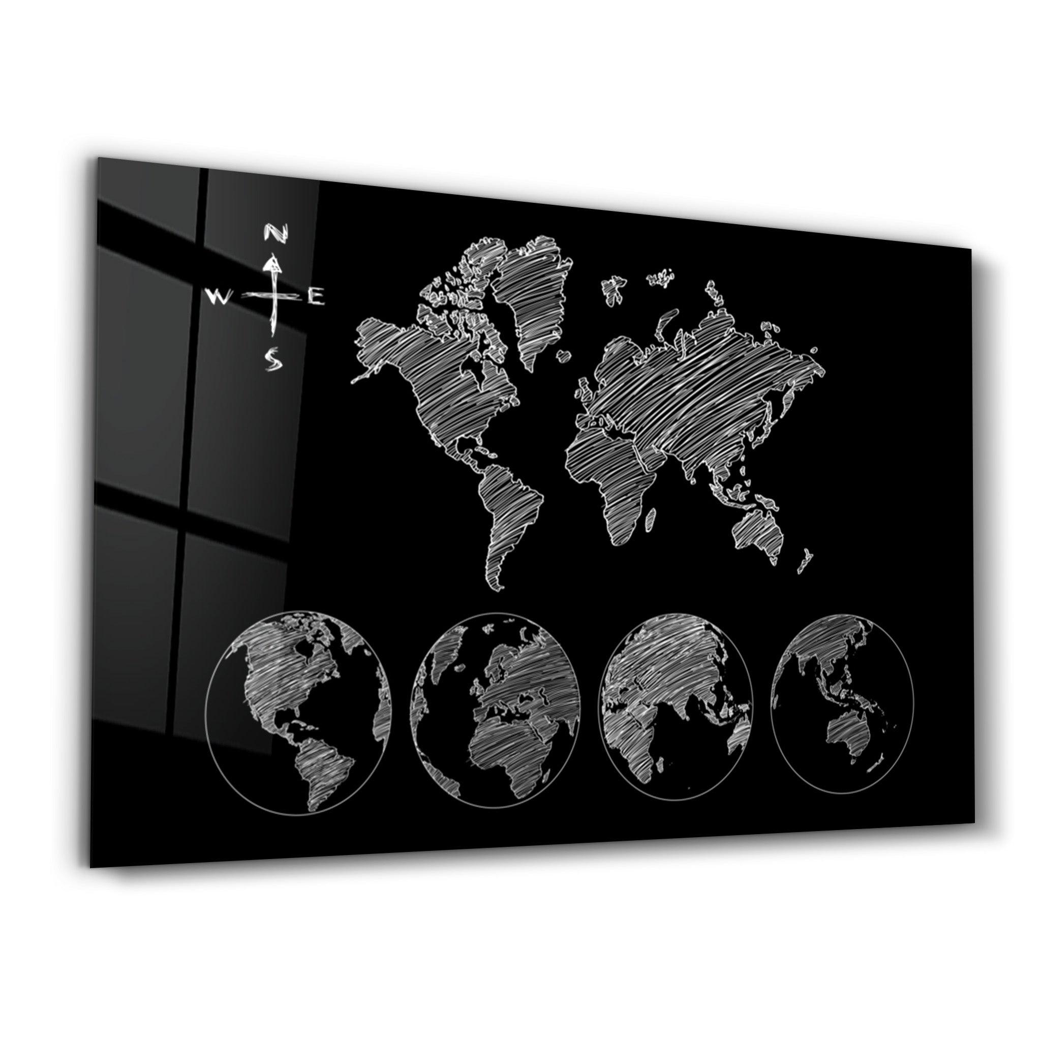 World Map Black-White | Glass Wall Art - Artdesigna