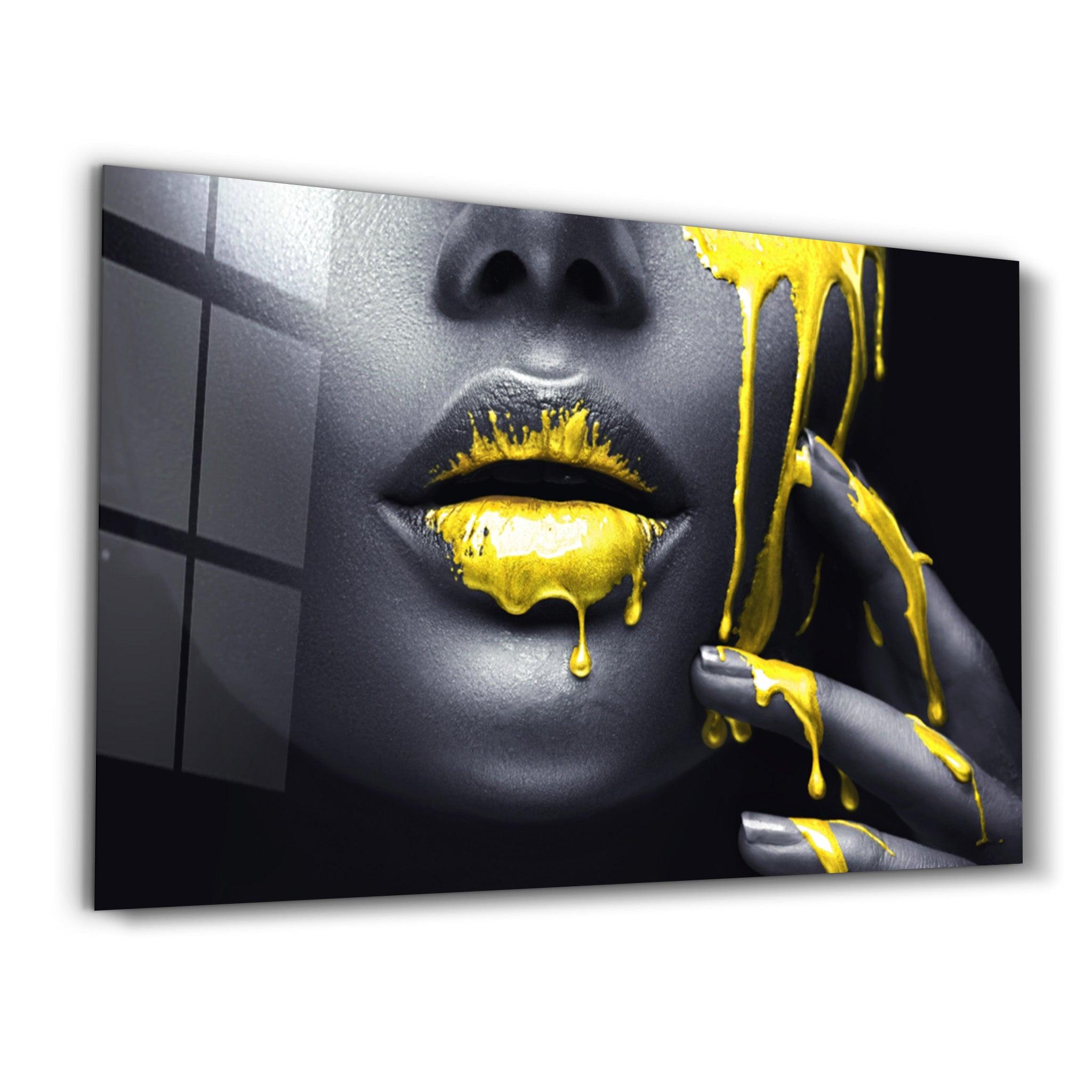 Yellow Lips V2 | Glass Wall Art - Artdesigna