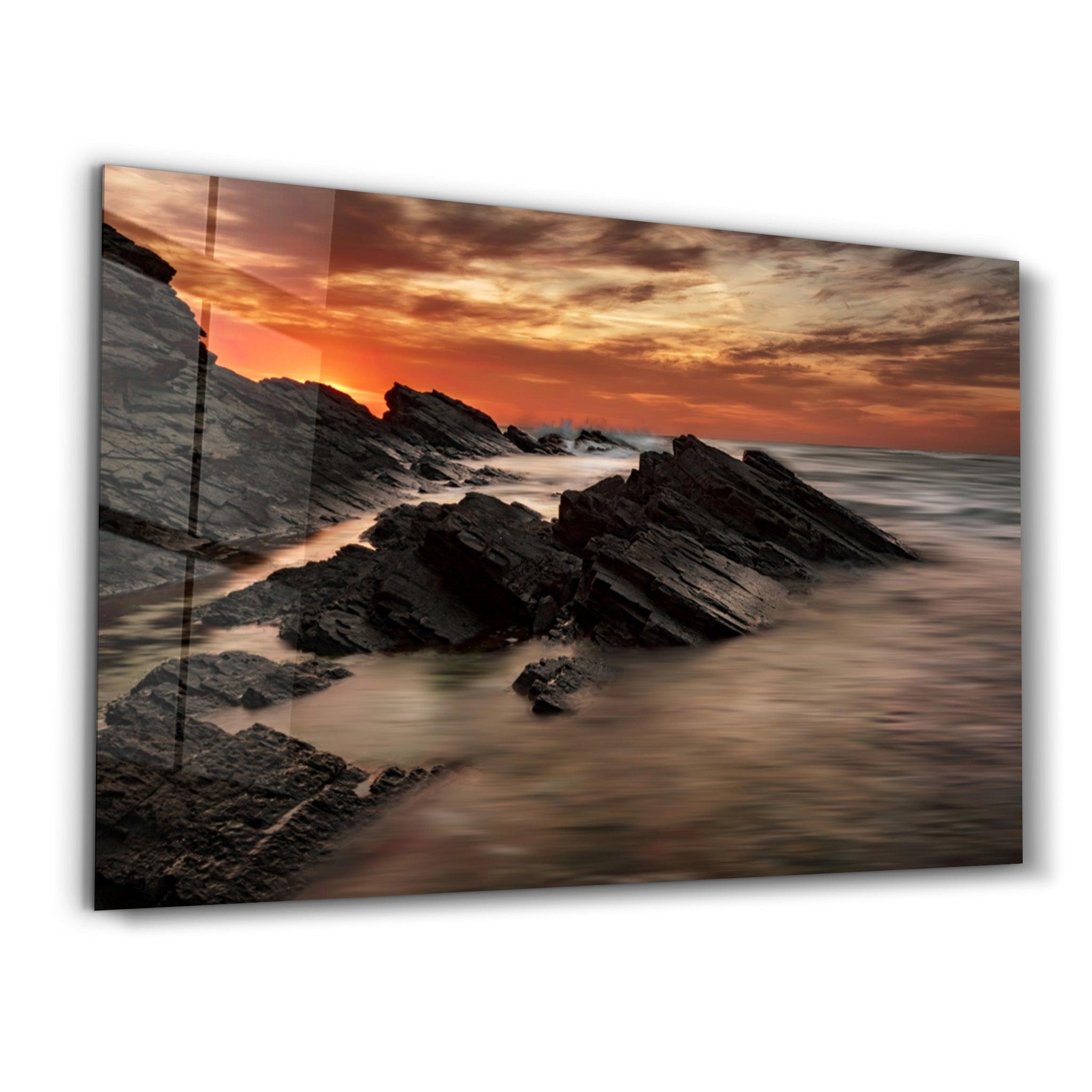 Sharp Rocks and Sunset | Glass Wall Art - Artdesigna