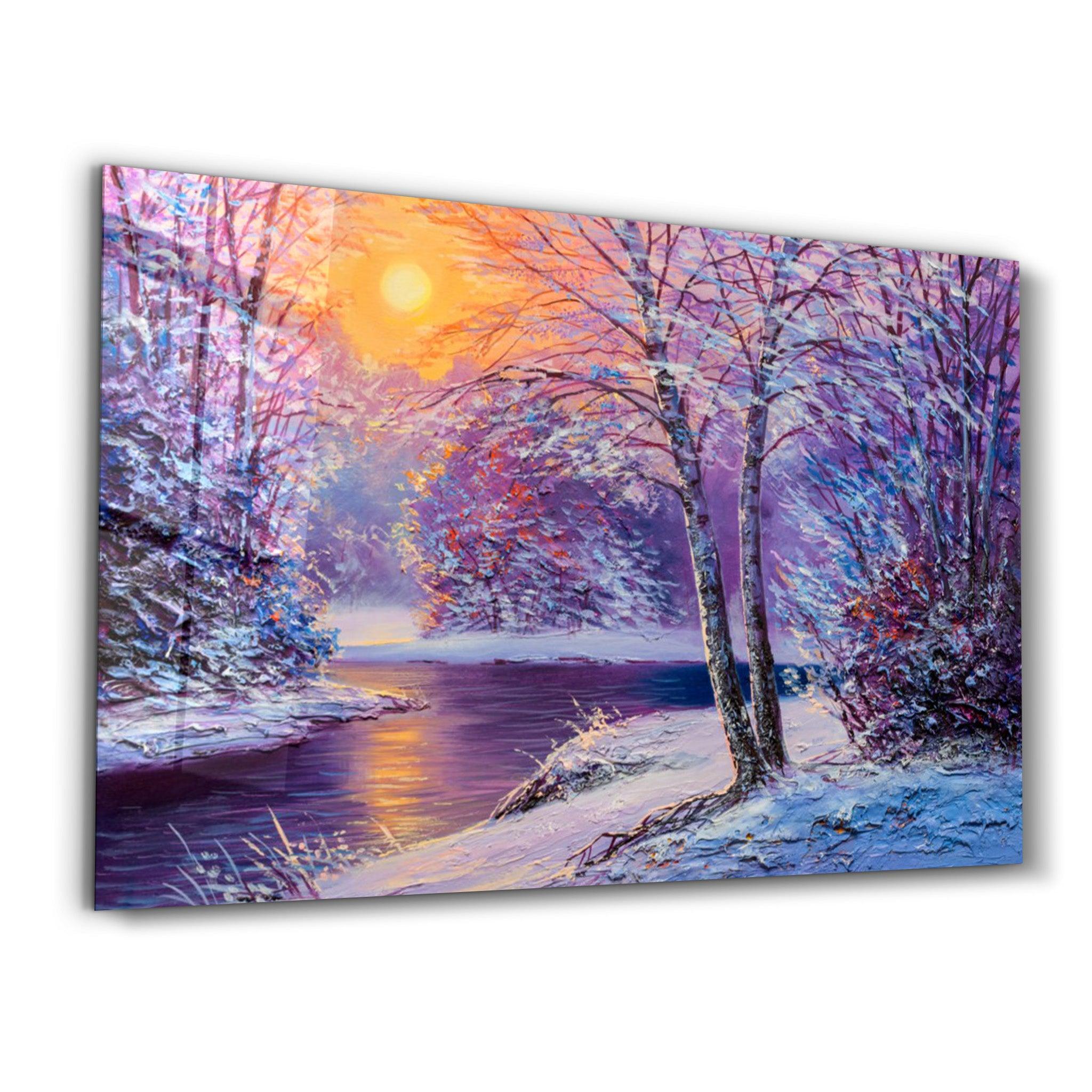 Oil Painting Winter Sunset | Glass Wall Art - Artdesigna