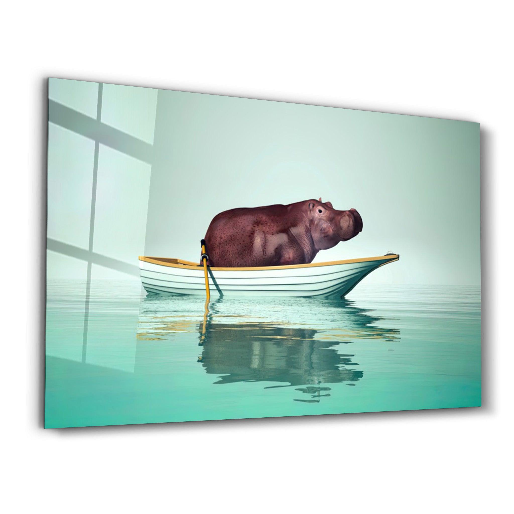 Hippo on the Boat 1 | Glass Wall Art - Artdesigna