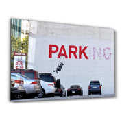 Banksy - Parking | Designer's Collection Glass Wall Art - Artdesigna