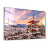 Fujiyoshida, Japan at Chureito Pagoda and Mt. Fuji in the spring with cherry blossoms | Glass Wall Art