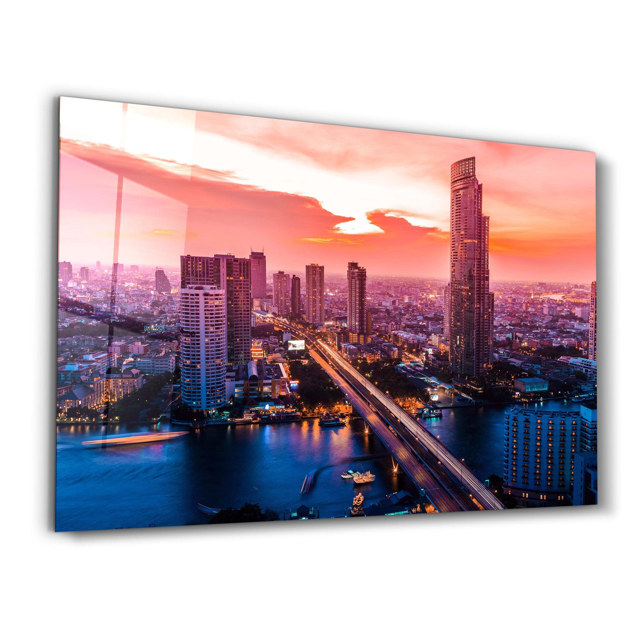 Beautiful cityscape Bangkok business district and residential. In the twilight, Thailand | Glass Wall Art - Artdesigna