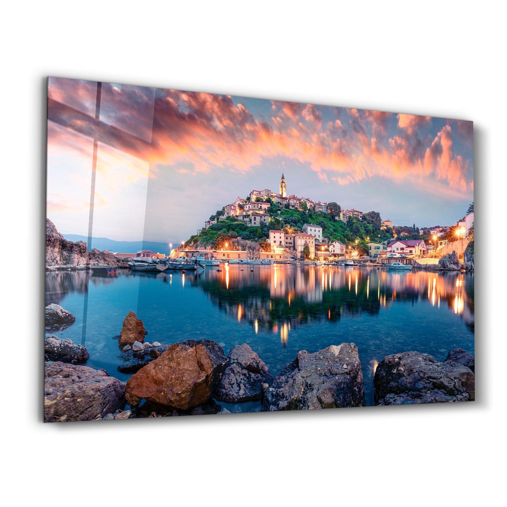 Breathtaking evening cityscape of Vrbnik town | Glass Wall Art - Artdesigna