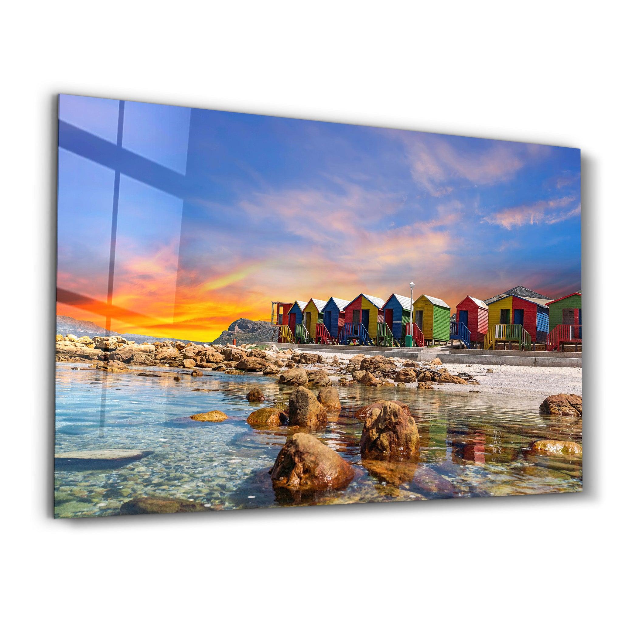 Muizenberg beach huts wooden cabins at twilight in Cape Town South Africa | Glass Wall Art - Artdesigna