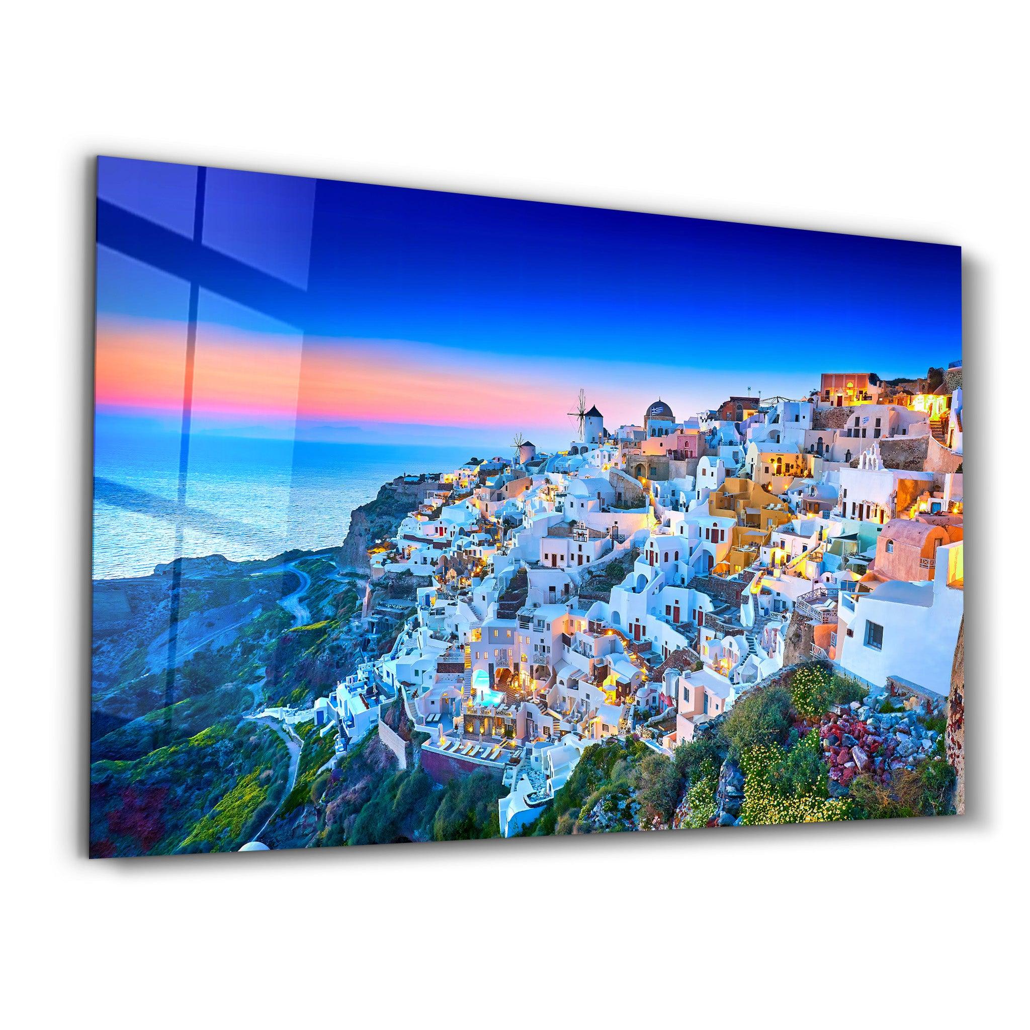 Church of Santorini. Fira town on Santorini island, Greece | Glass Wall Art - Artdesigna