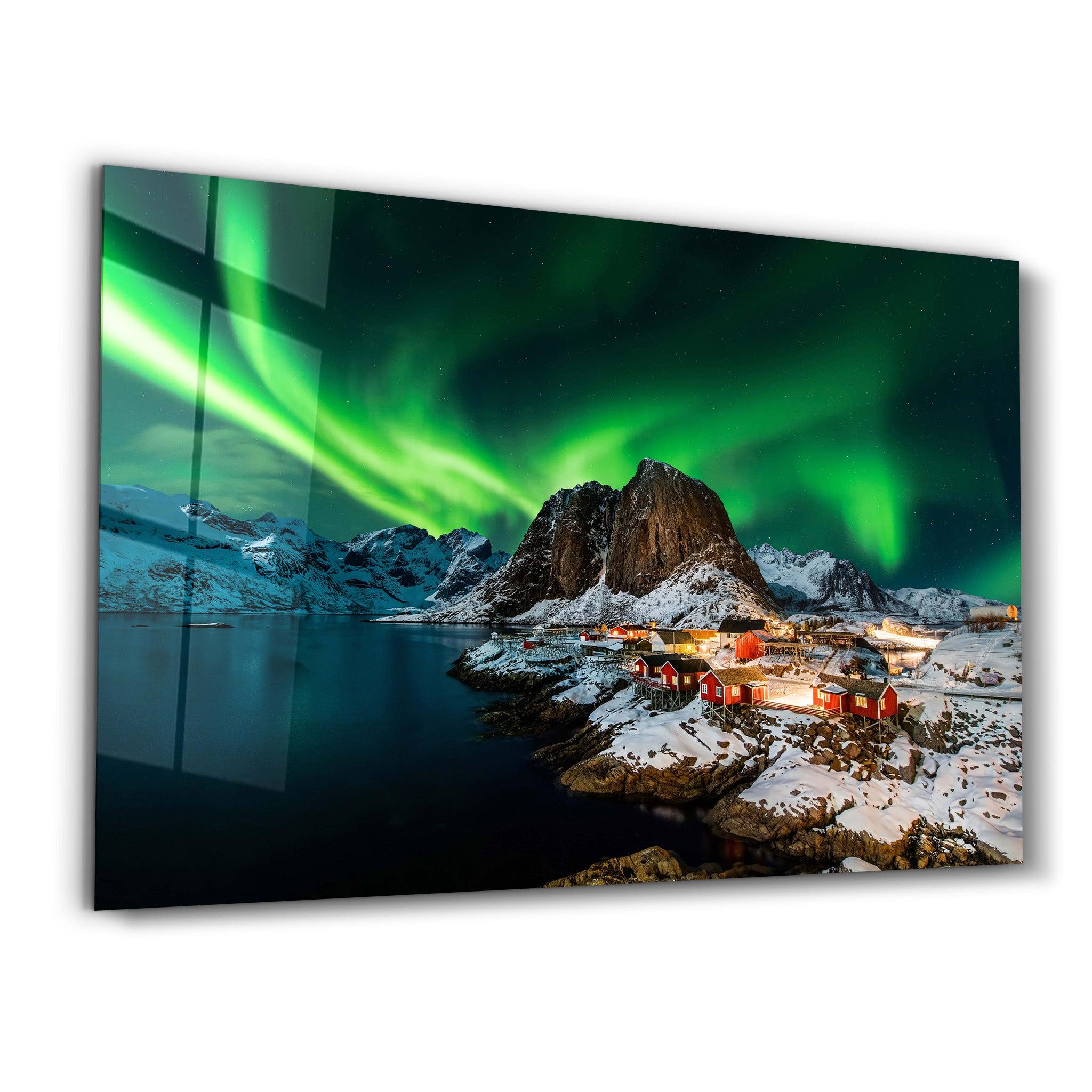 Aurora borealis over Hamnoy in Norway | Glass Wall Art - Artdesigna