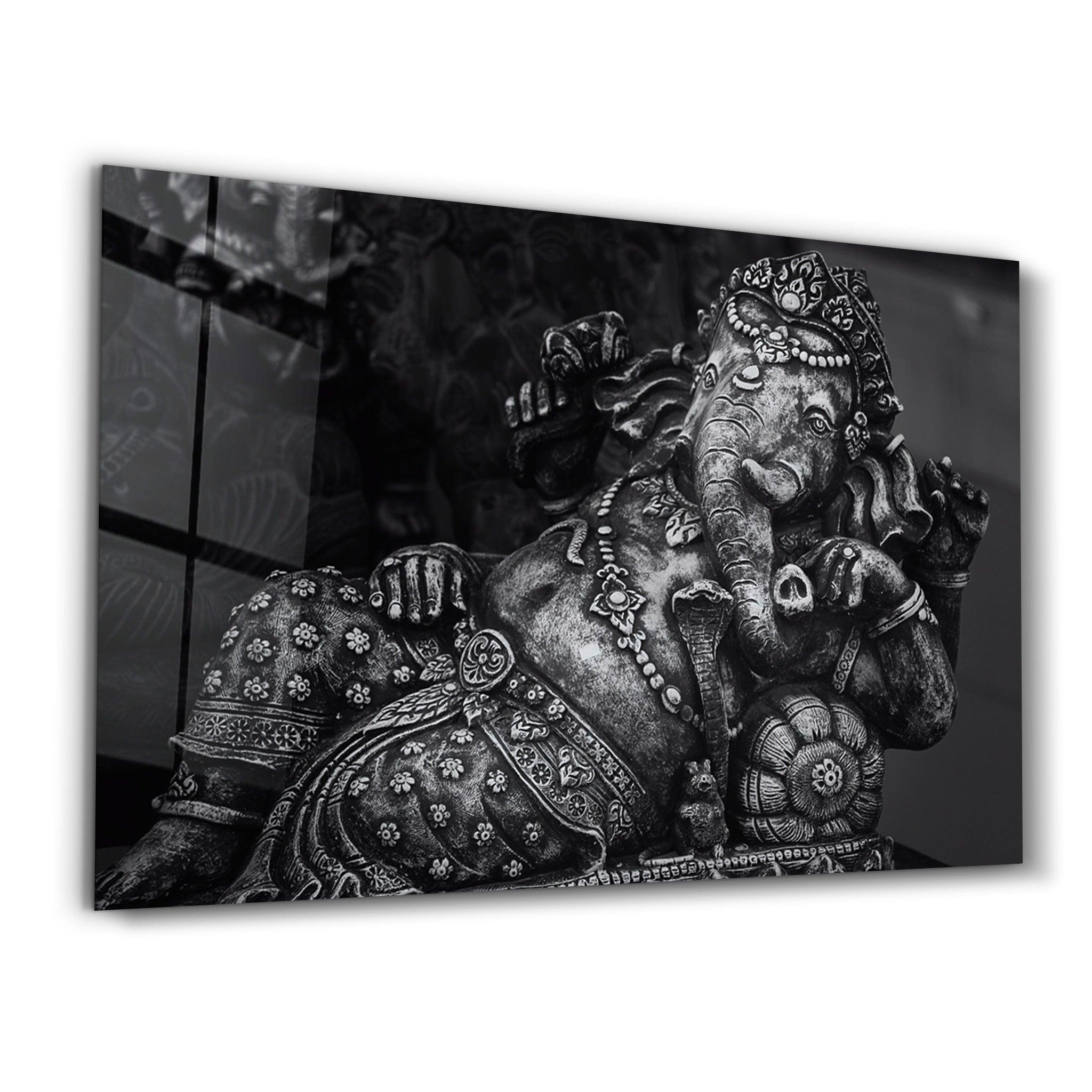 Lord Ganesha Sculpture B&W | Glass Wall Art - Artdesigna