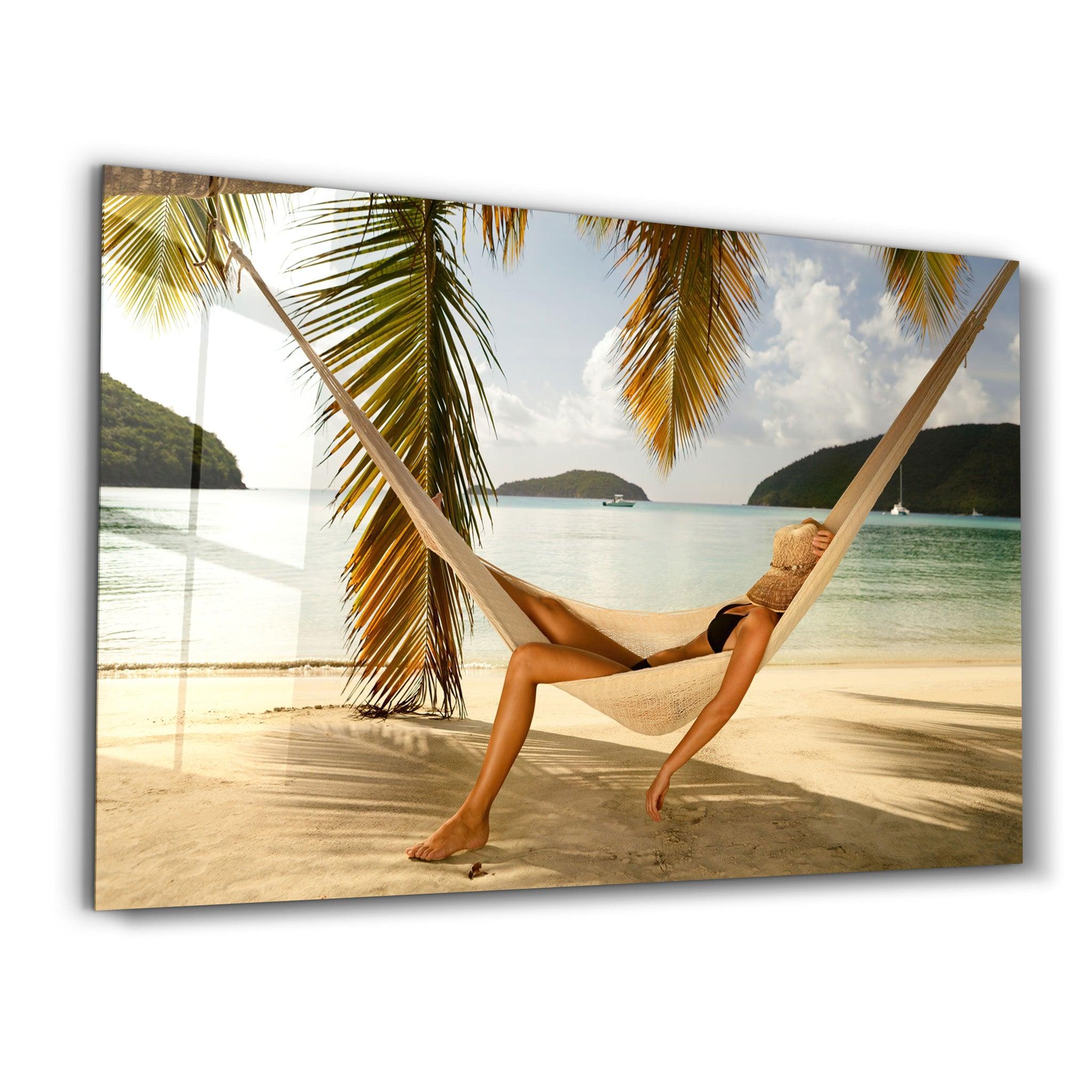 Hammock Under Palm Trees | Glass Wall Art - Artdesigna