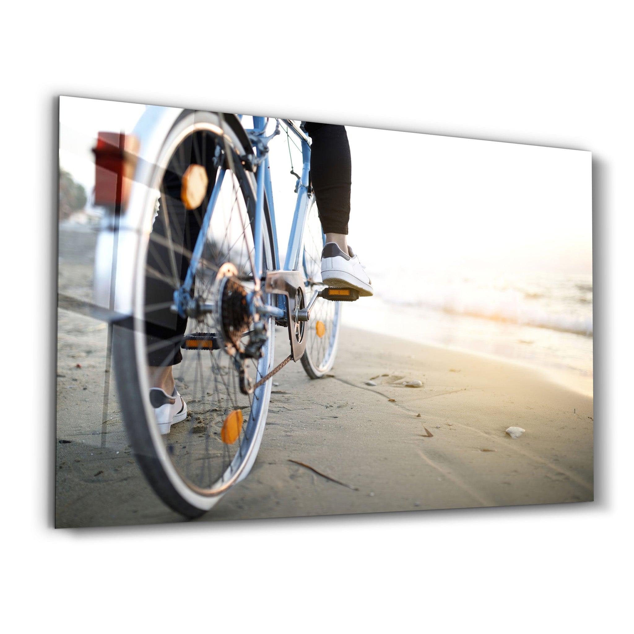 Riding A Bike On The Calm Beach | Glass Wall Art - Artdesigna