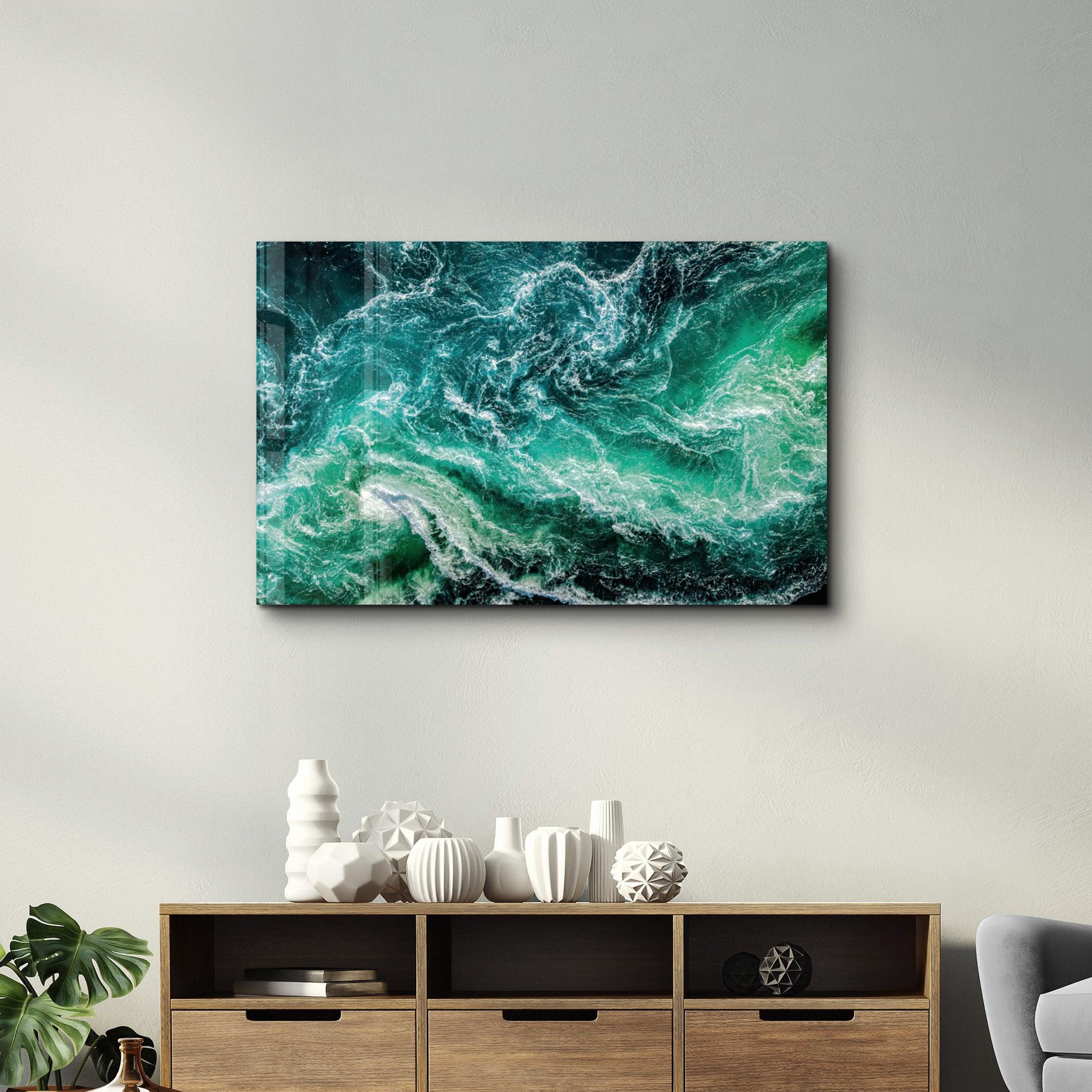 Green Waves | Glass Wall Art - Artdesigna