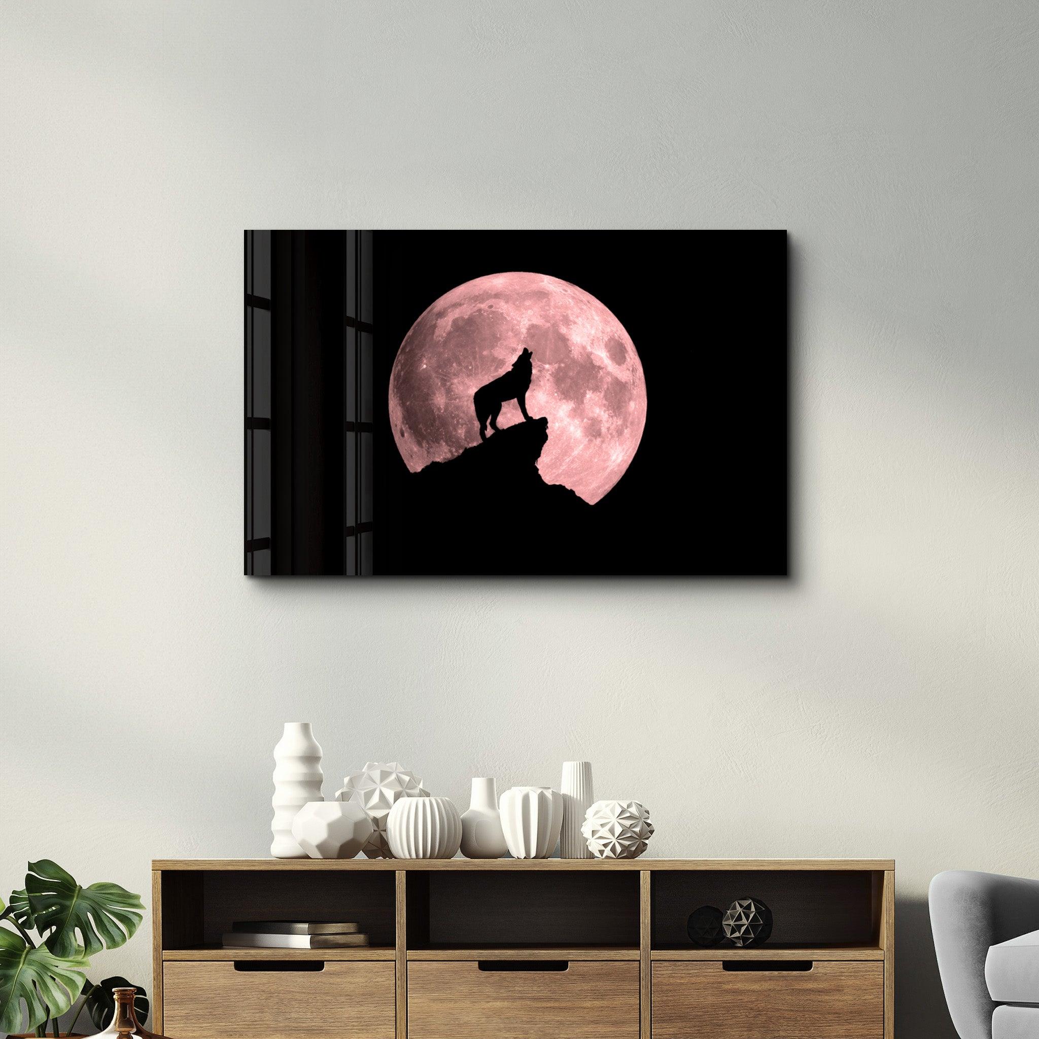 Wolf and Moon | Glass Wall Art - Artdesigna