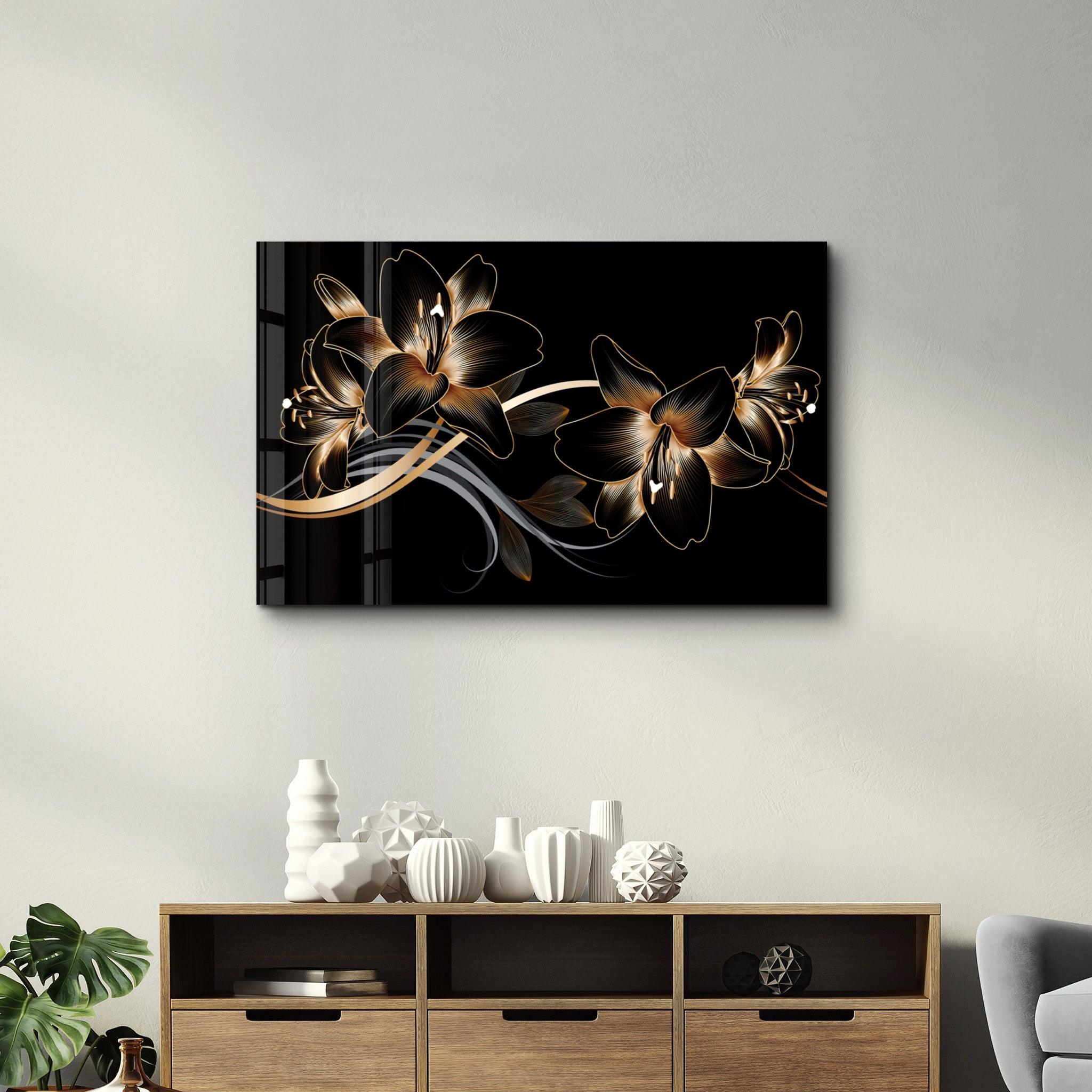 Golden Lines and Flowers | Glass Wall Art - Artdesigna