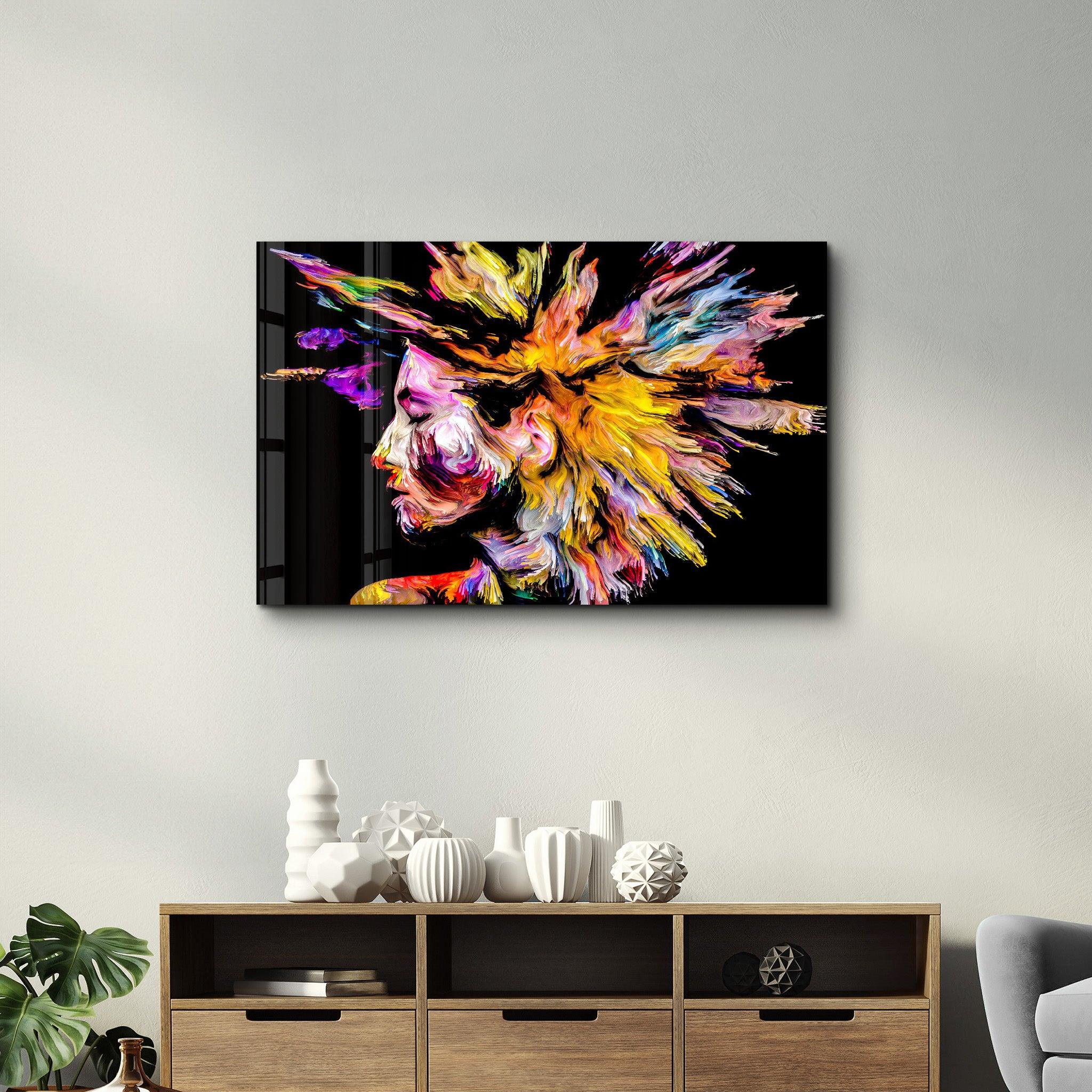 Abstract Colorful Woman Portrait V1 | Glass Wall Art - Artdesigna