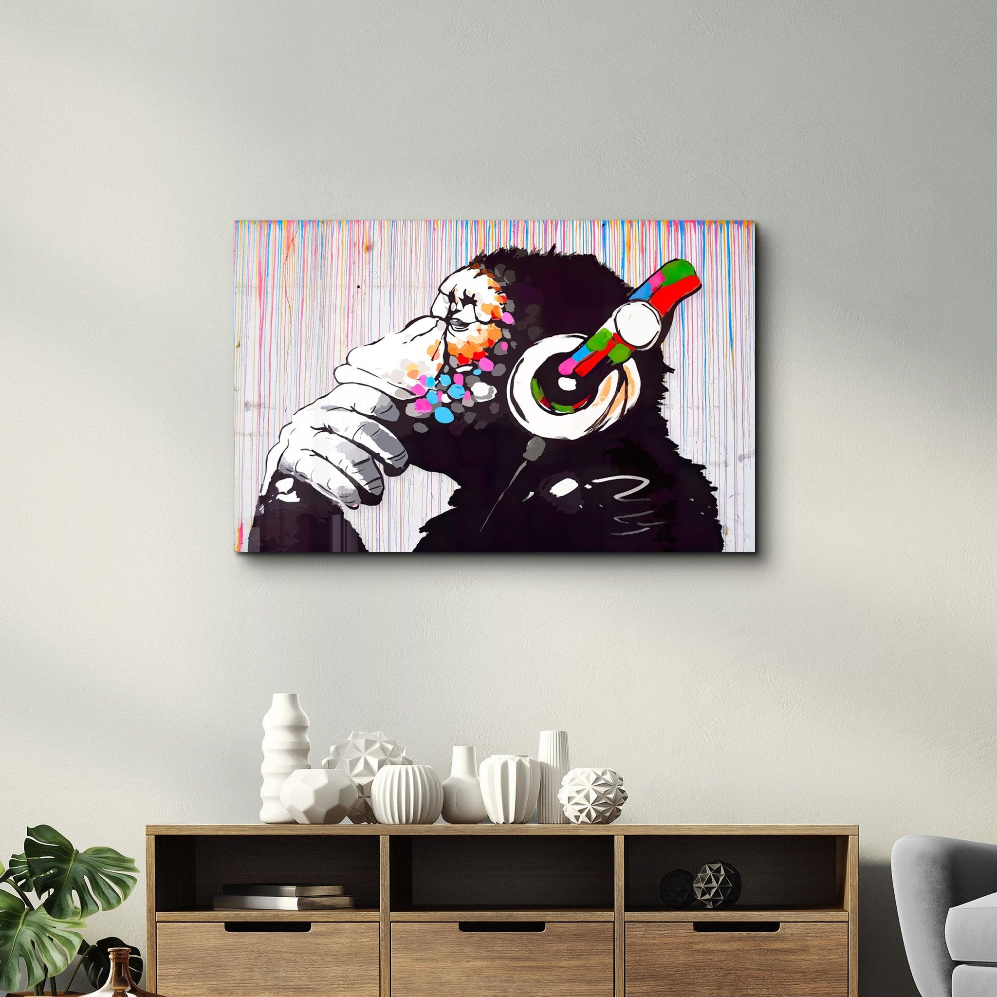 Banksy Monkey Beat Glass Wall Art - Artdesigna