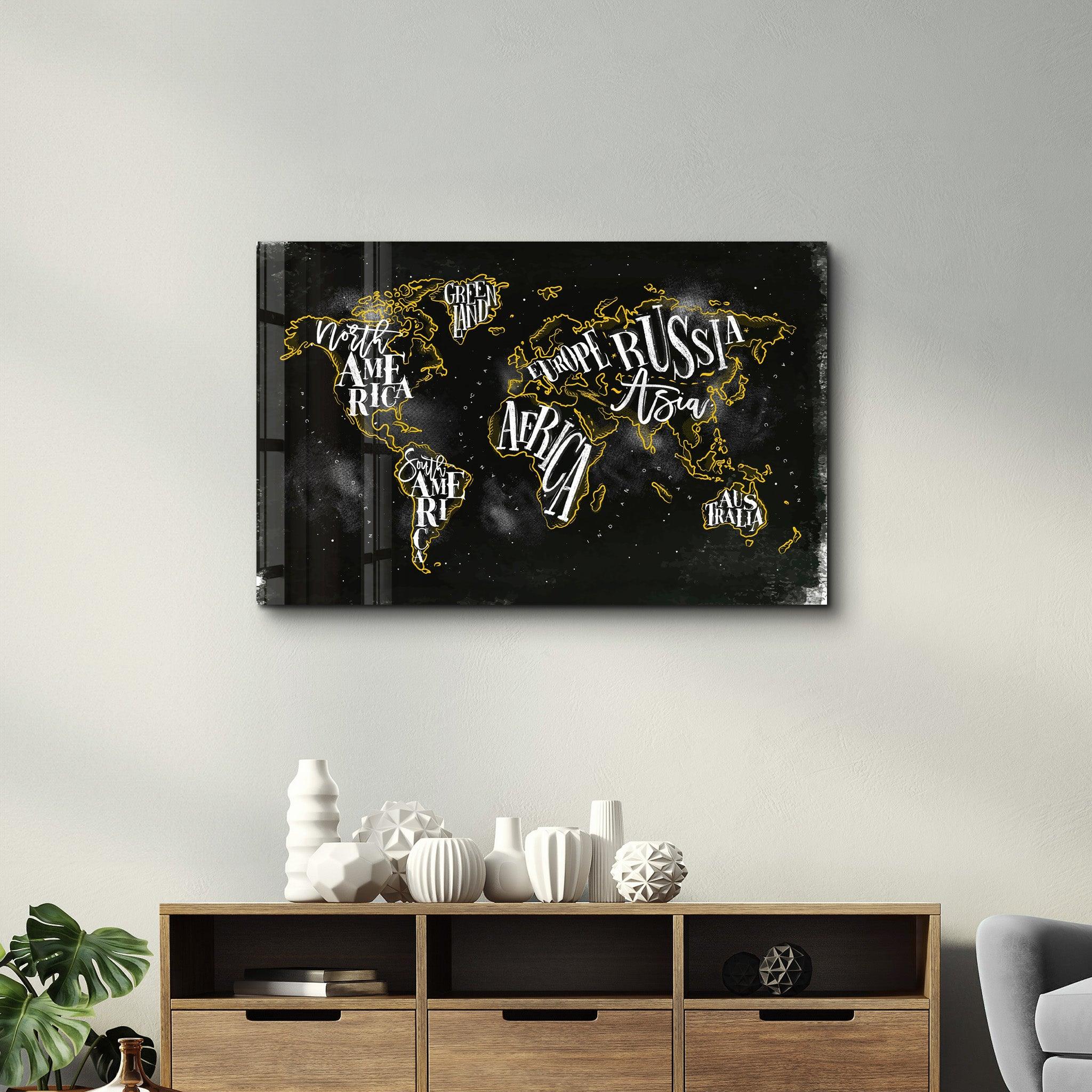 World Map With Yellow Lines | Glass Wall Art - Artdesigna