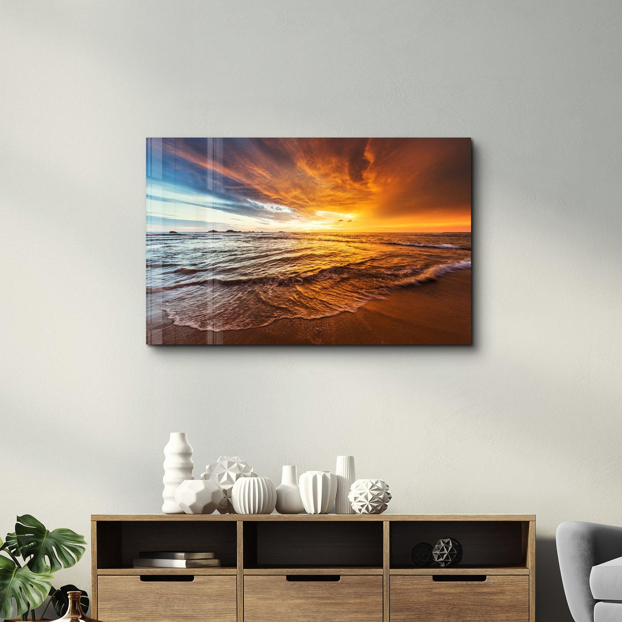 Endless Ocean Wtih Sunset | Glass Wall Art - Artdesigna