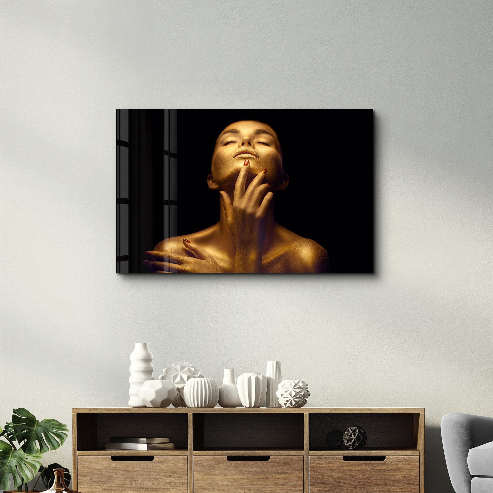 Beauty Woman With Golden Skin | Glass Wall Art - Artdesigna