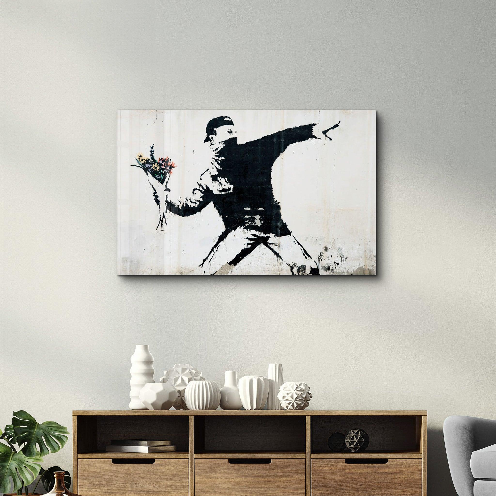 Banksy - Rioter Throwing a Flower Bouquet | Glass Wall Art - Artdesigna