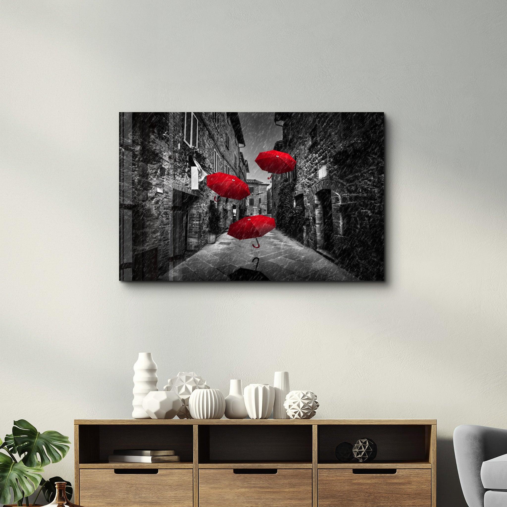 Red Umbrellas | Glass Wall Art - Artdesigna