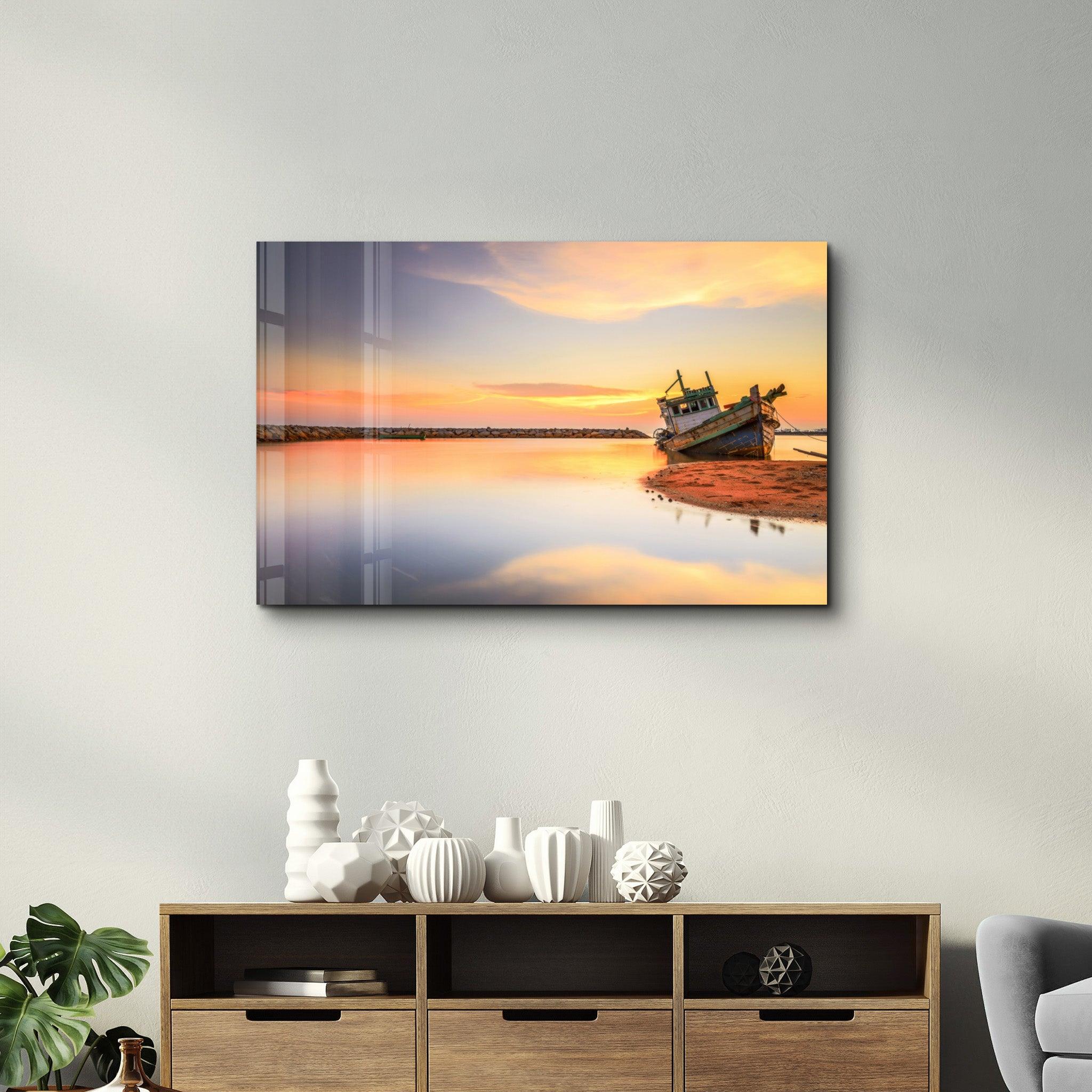 Ship on the Beach | Glass Wall Art - Artdesigna