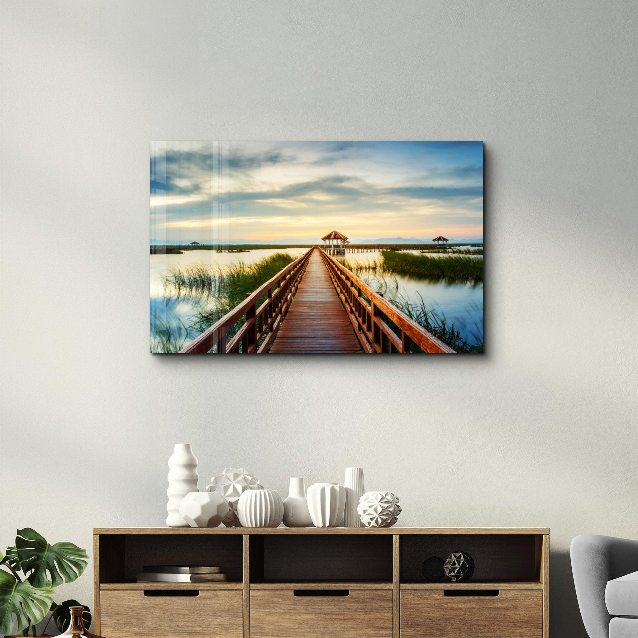 Long Pier on the Lake | Glass Wall Art - Artdesigna