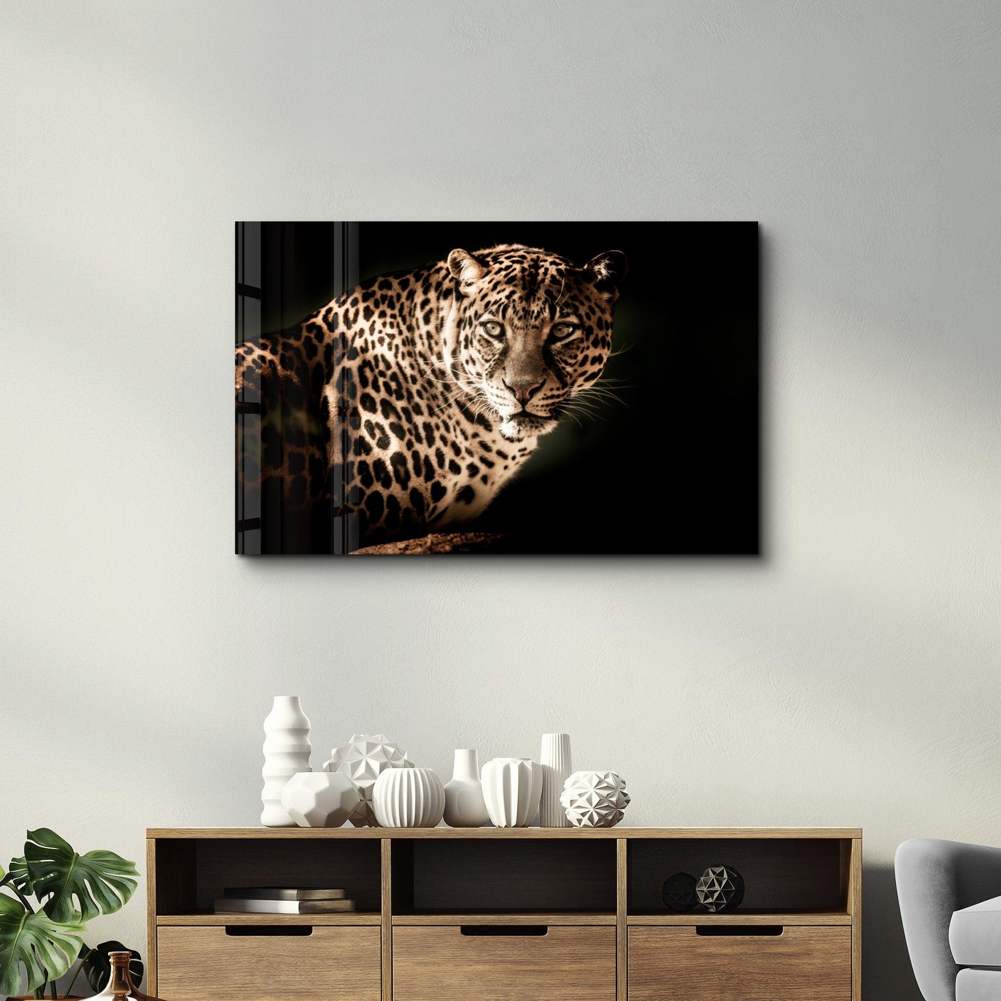 Leopard’s Silent Vigil | Glass Wall Art - Artdesigna