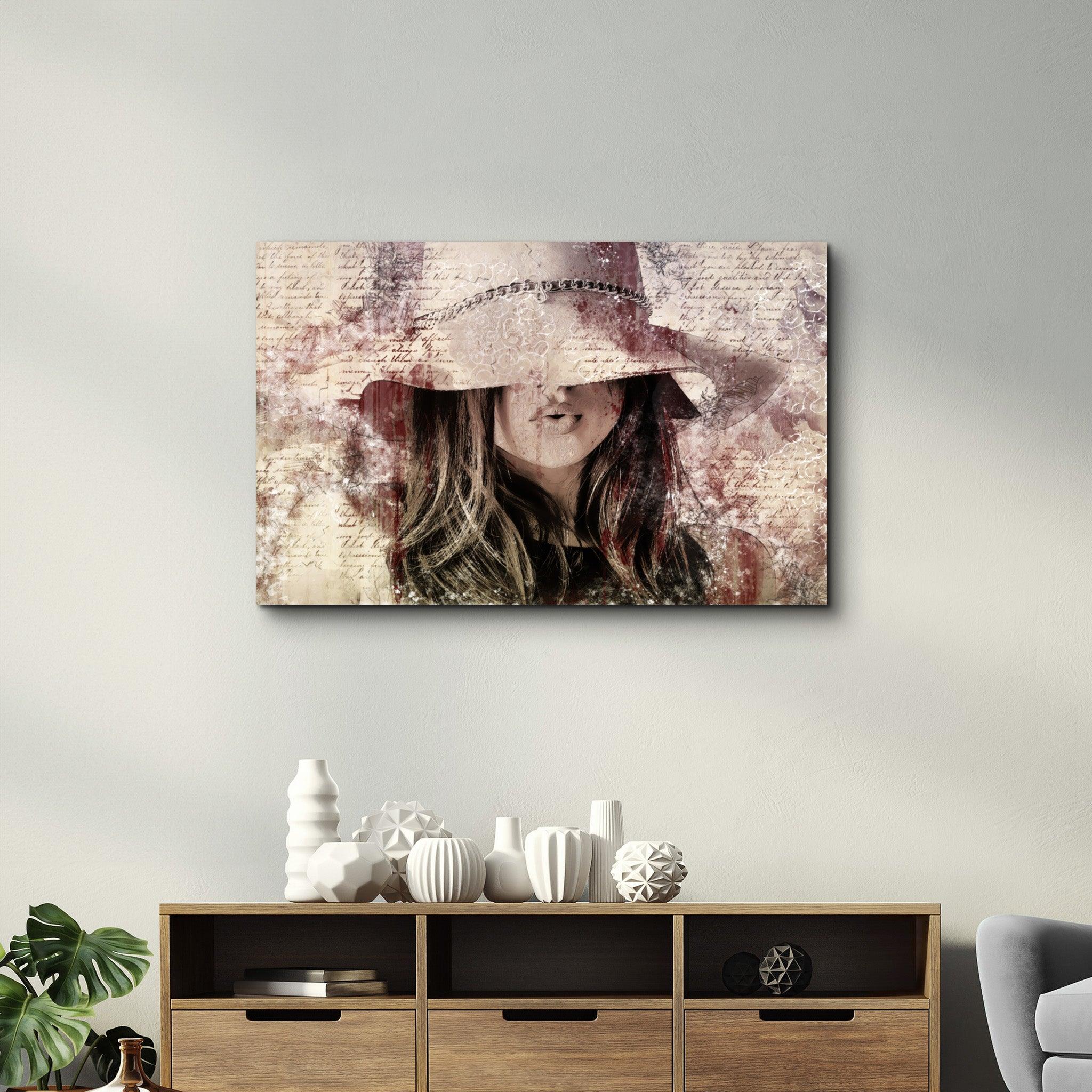 Girl in Retro Hat | Glass Wall Art - Artdesigna