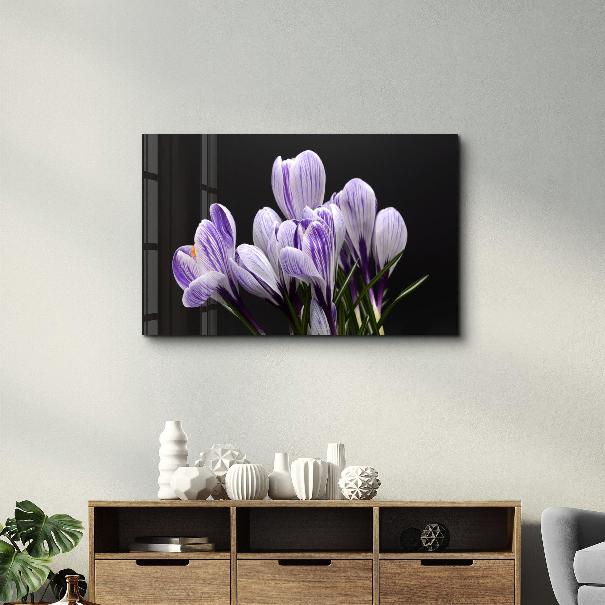 Purple Flowers | Glass Wall Art - Artdesigna