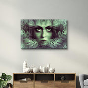 Tropical Leaf and Woman Portrait | Glass Wall Art - Artdesigna