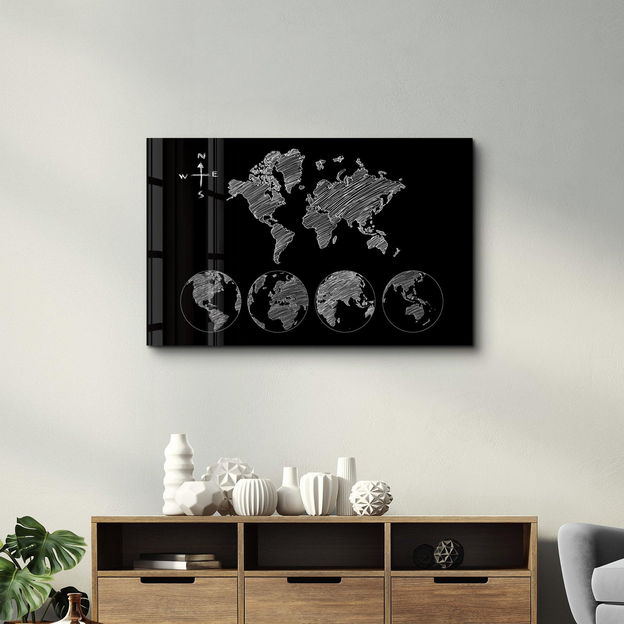 World Map Black-White | Glass Wall Art - Artdesigna