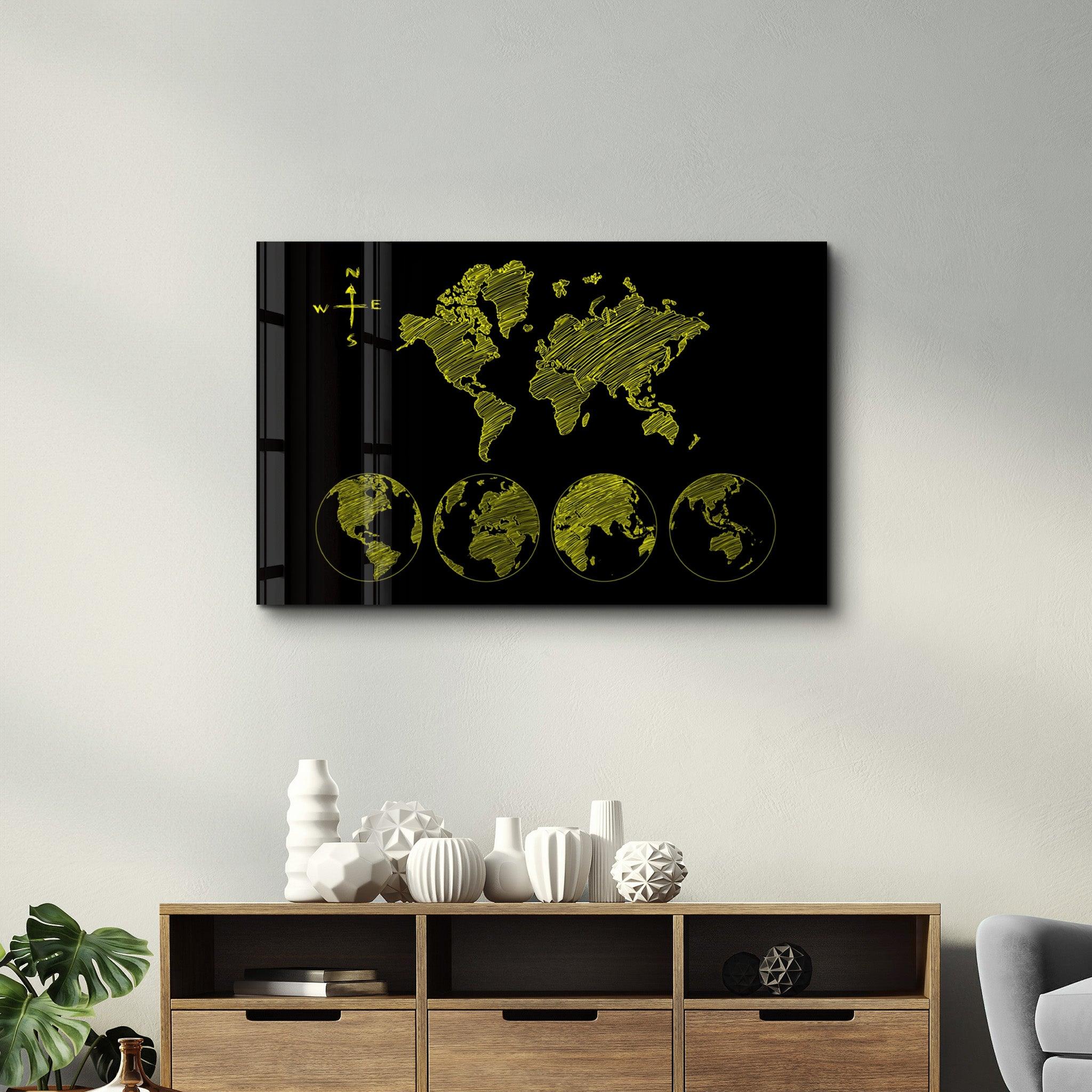 World Map Black-Yellow | Glass Wall Art - Artdesigna