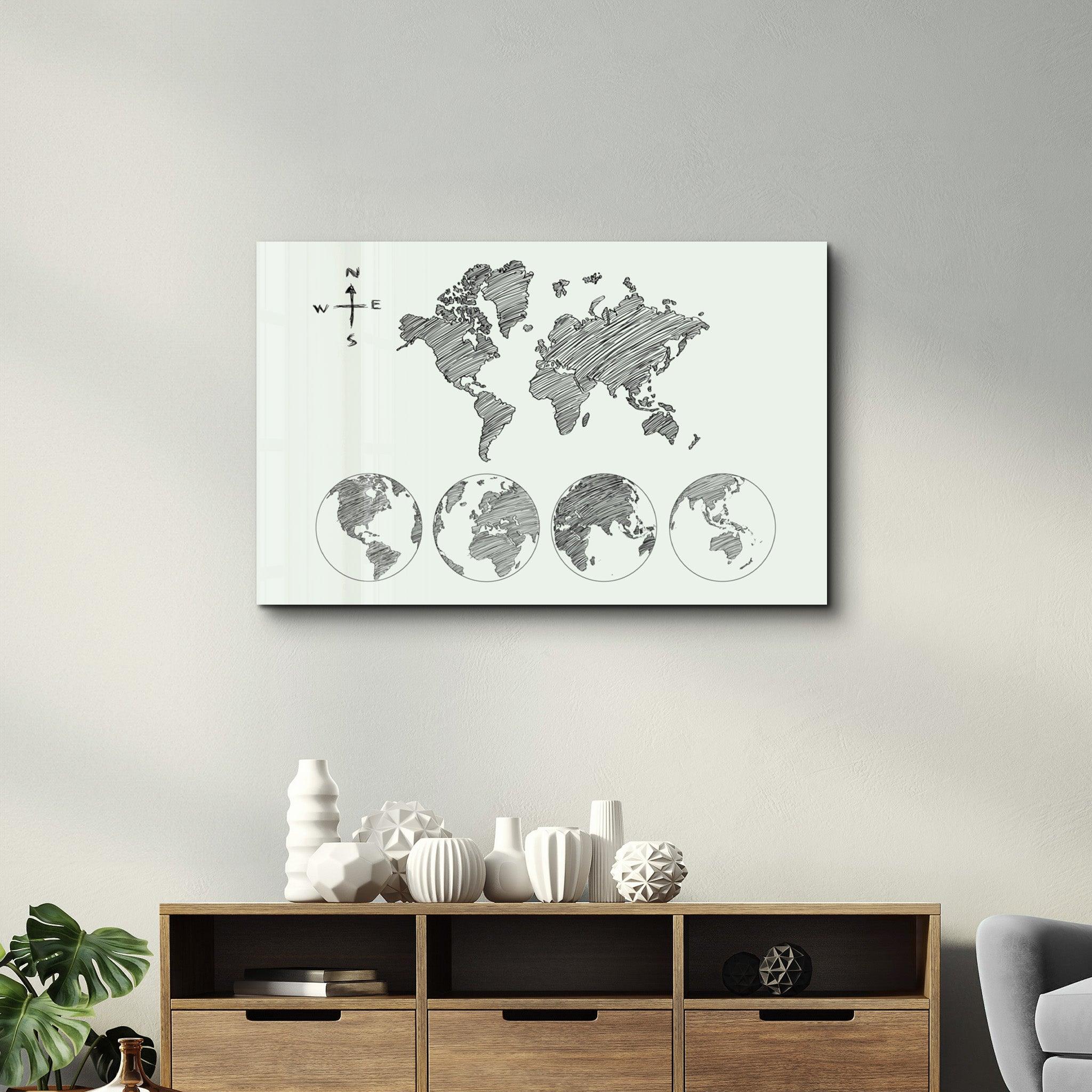 World Map White-Black | Glass Wall Art - Artdesigna