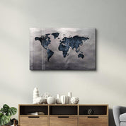 World Map Blue-Silver2 | Glass Wall Art - Artdesigna