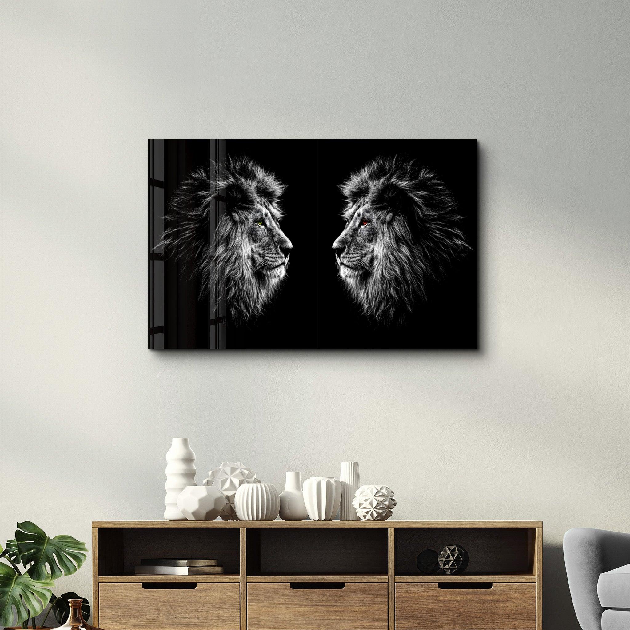 Lions Confrontation BW | Glass Wall Art - Artdesigna