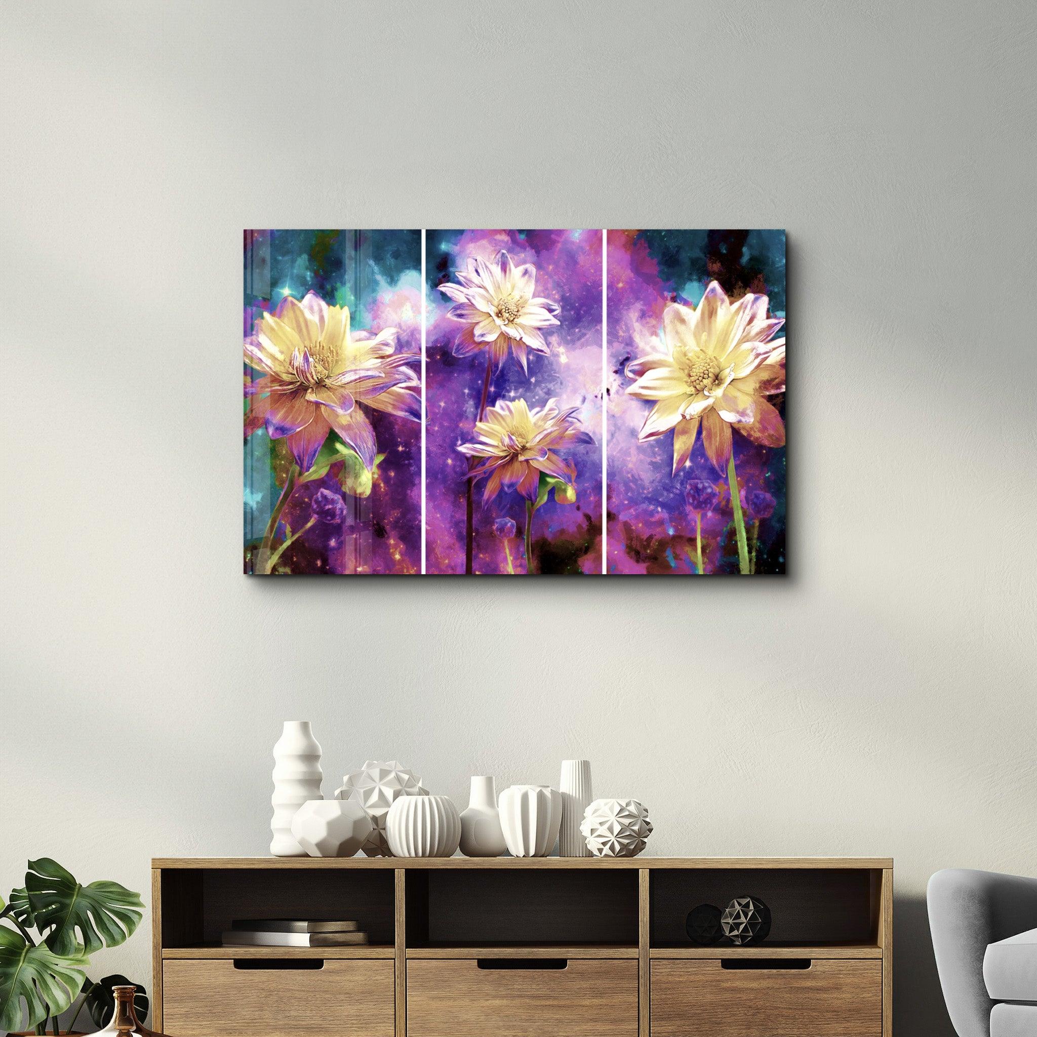 Divided Flowers Purple | Glass Wall Art - Artdesigna