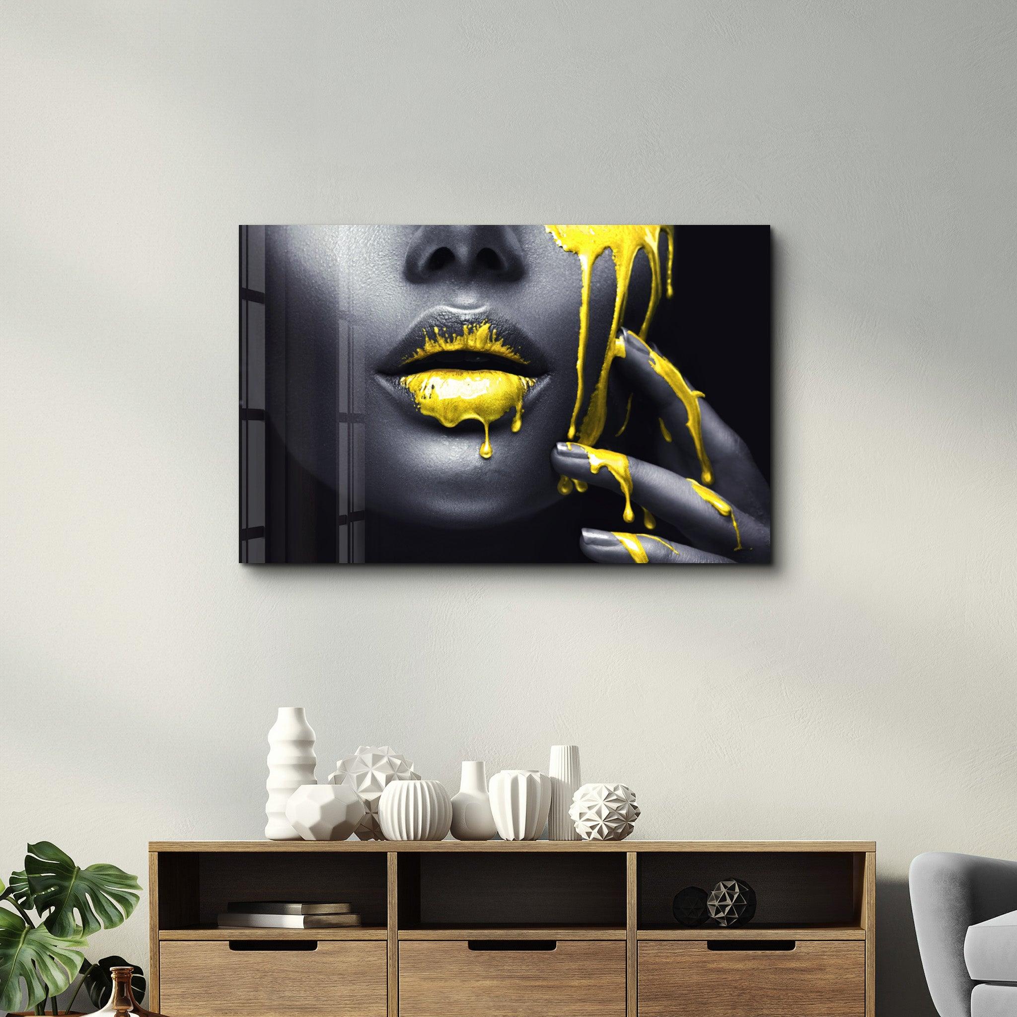 Yellow Lips V2 | Glass Wall Art - Artdesigna