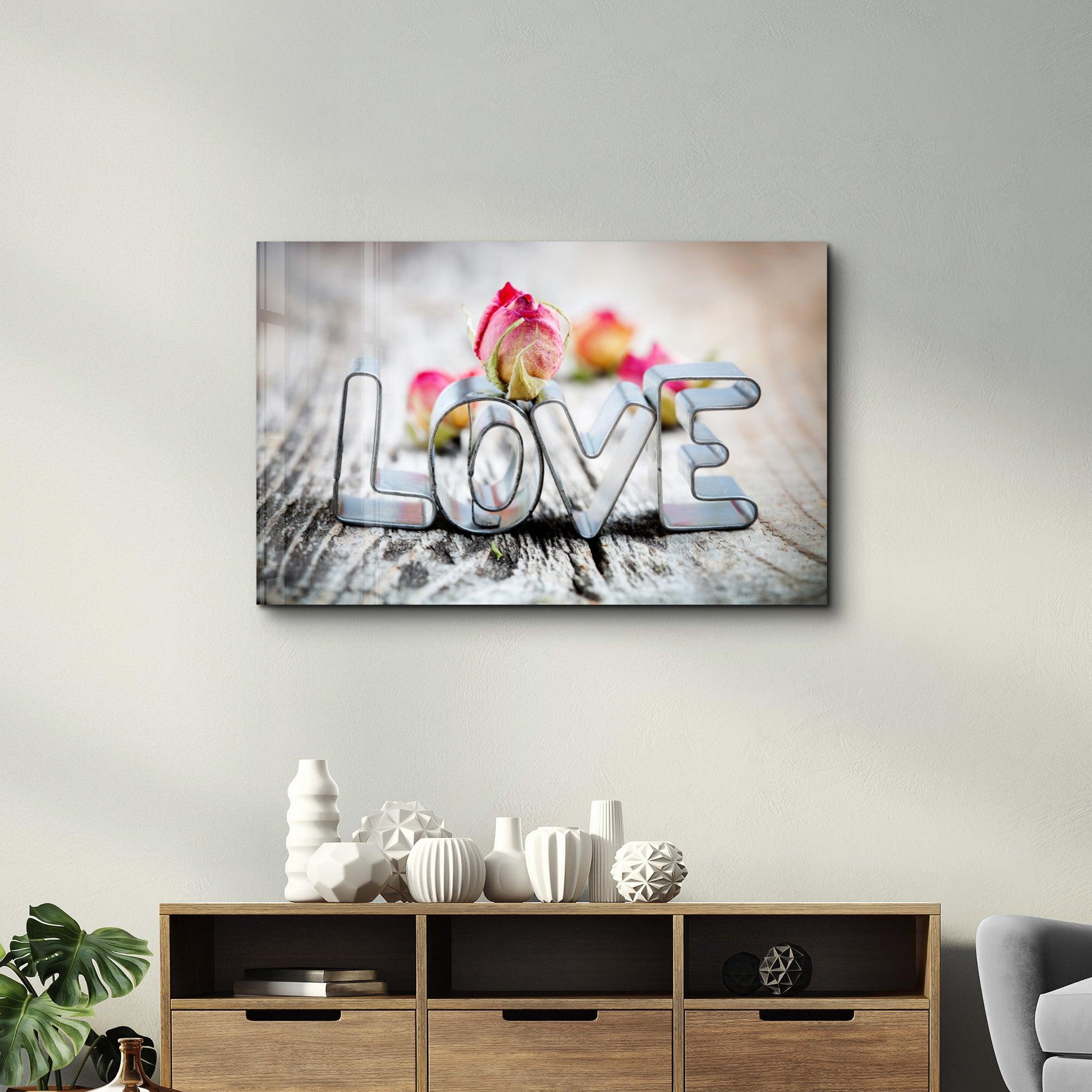 Pink Rose & Love | Glass Wall Art - Artdesigna