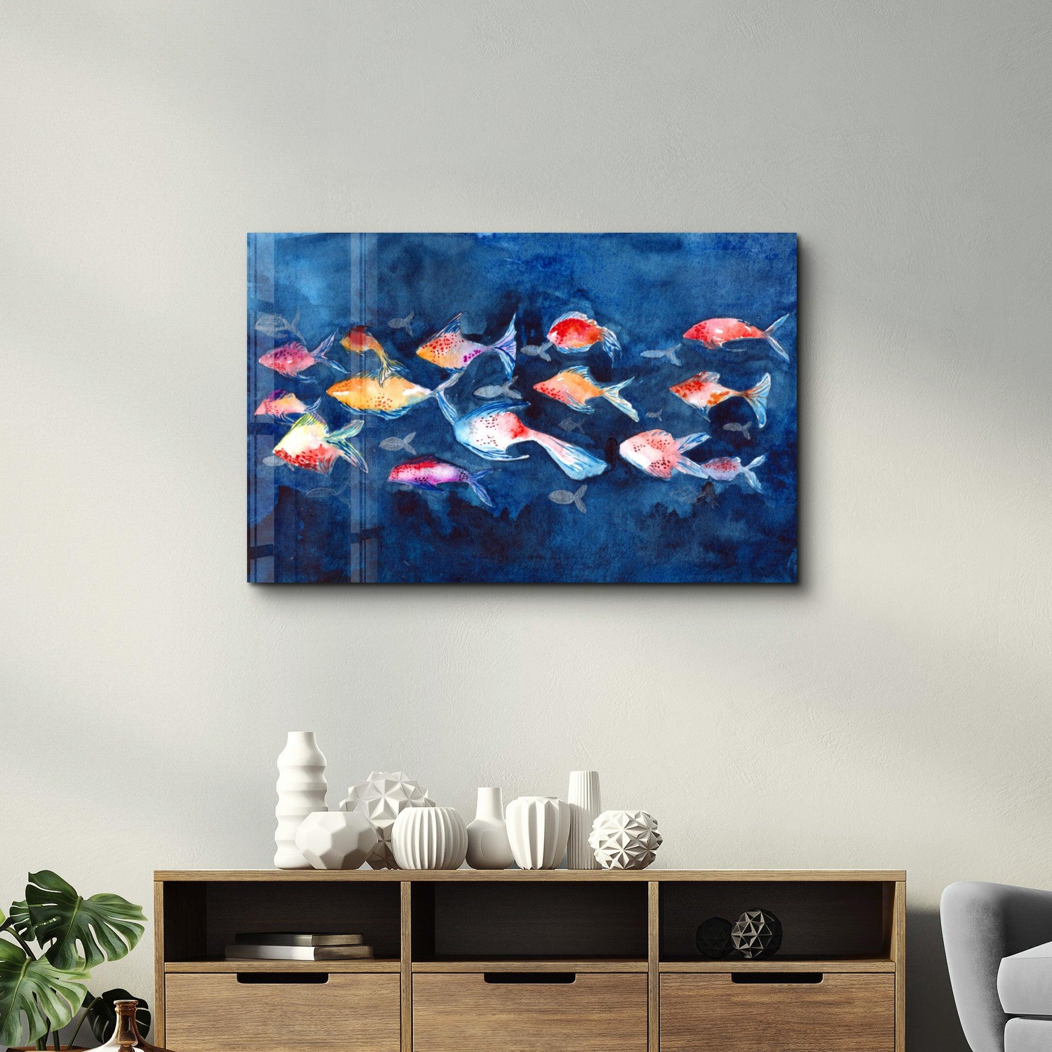 School of Fish | Glass Wall Art - Artdesigna