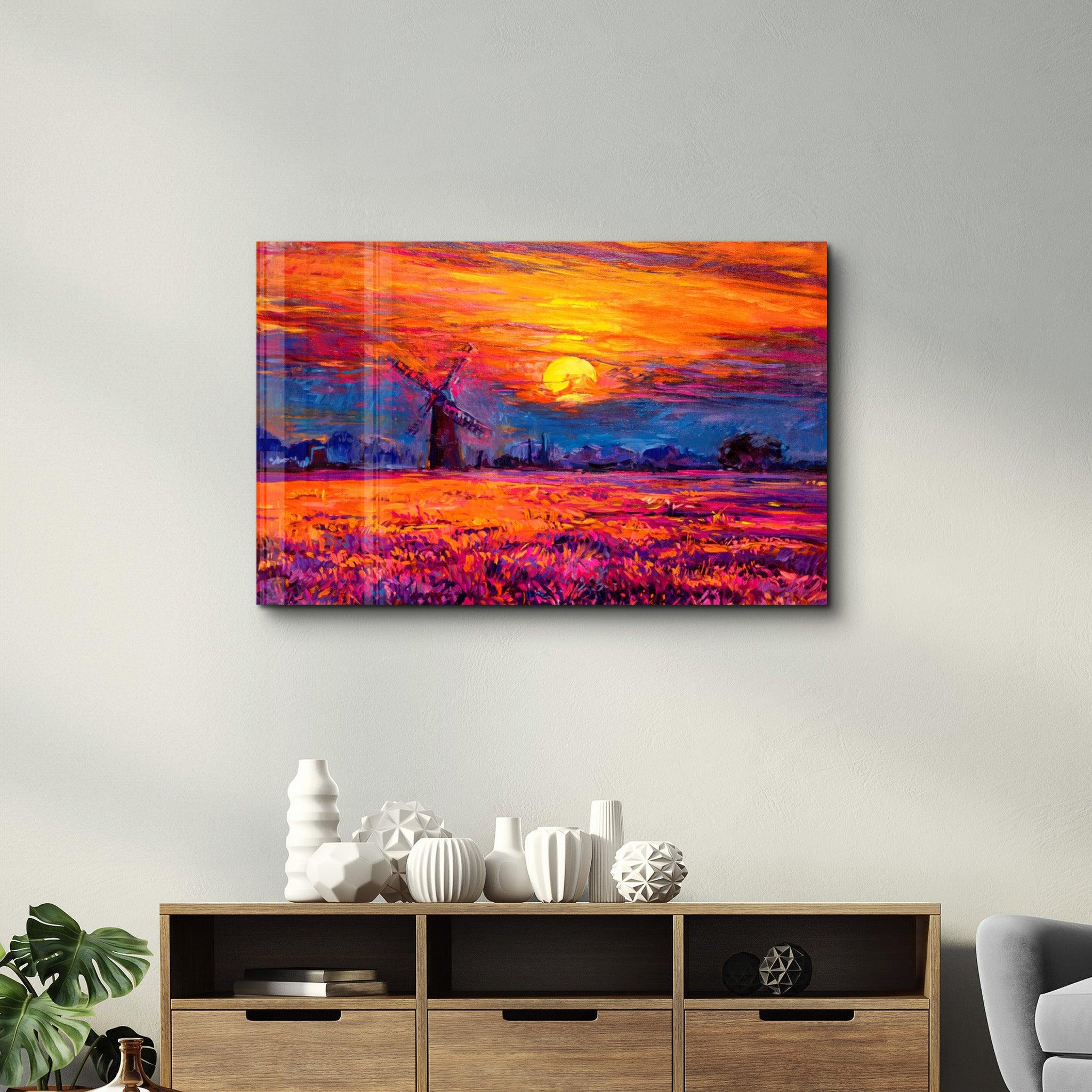 Windmill and Sun | Glass Wall Art - Artdesigna