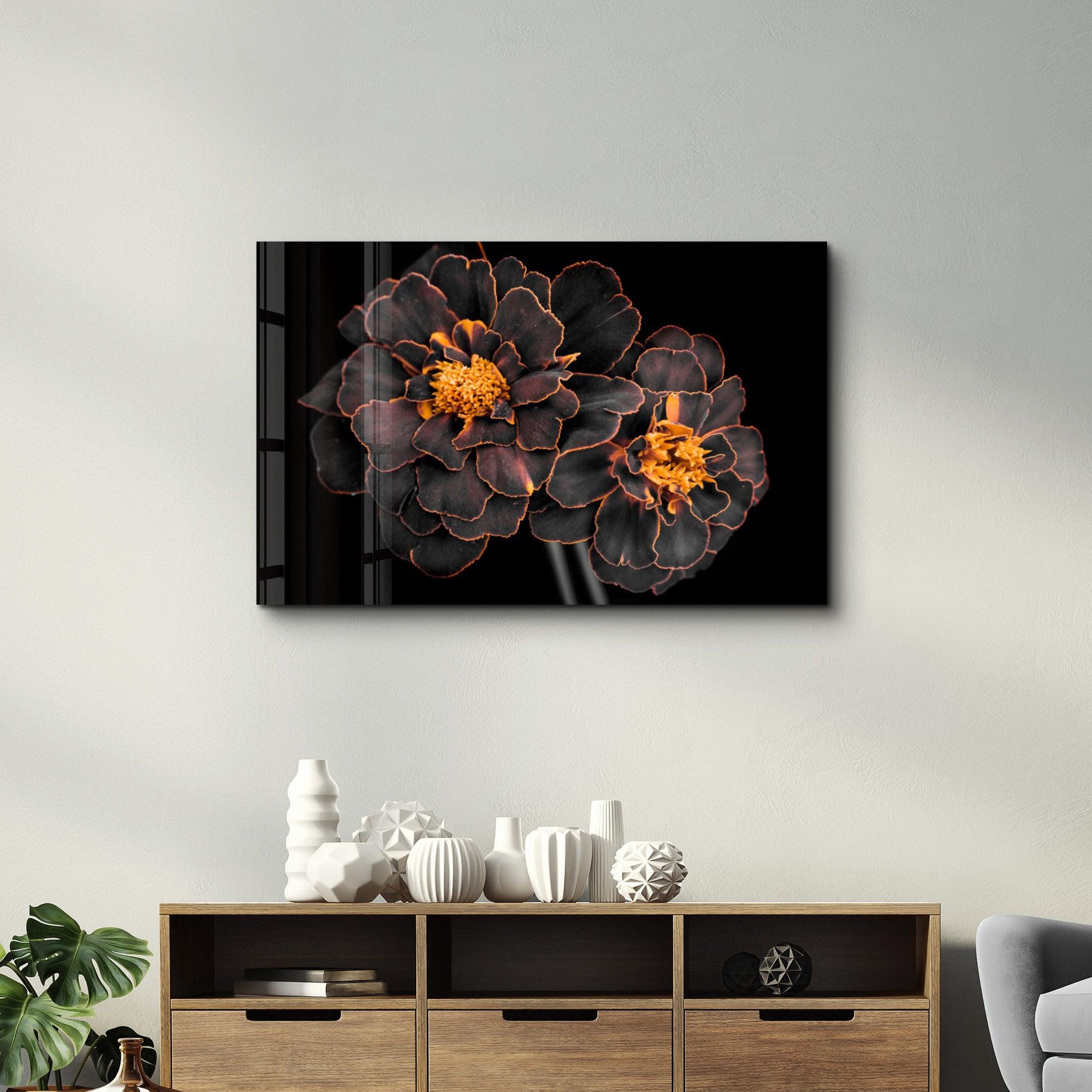 Black and Yellow Flowers | Glass Wall Art - Artdesigna