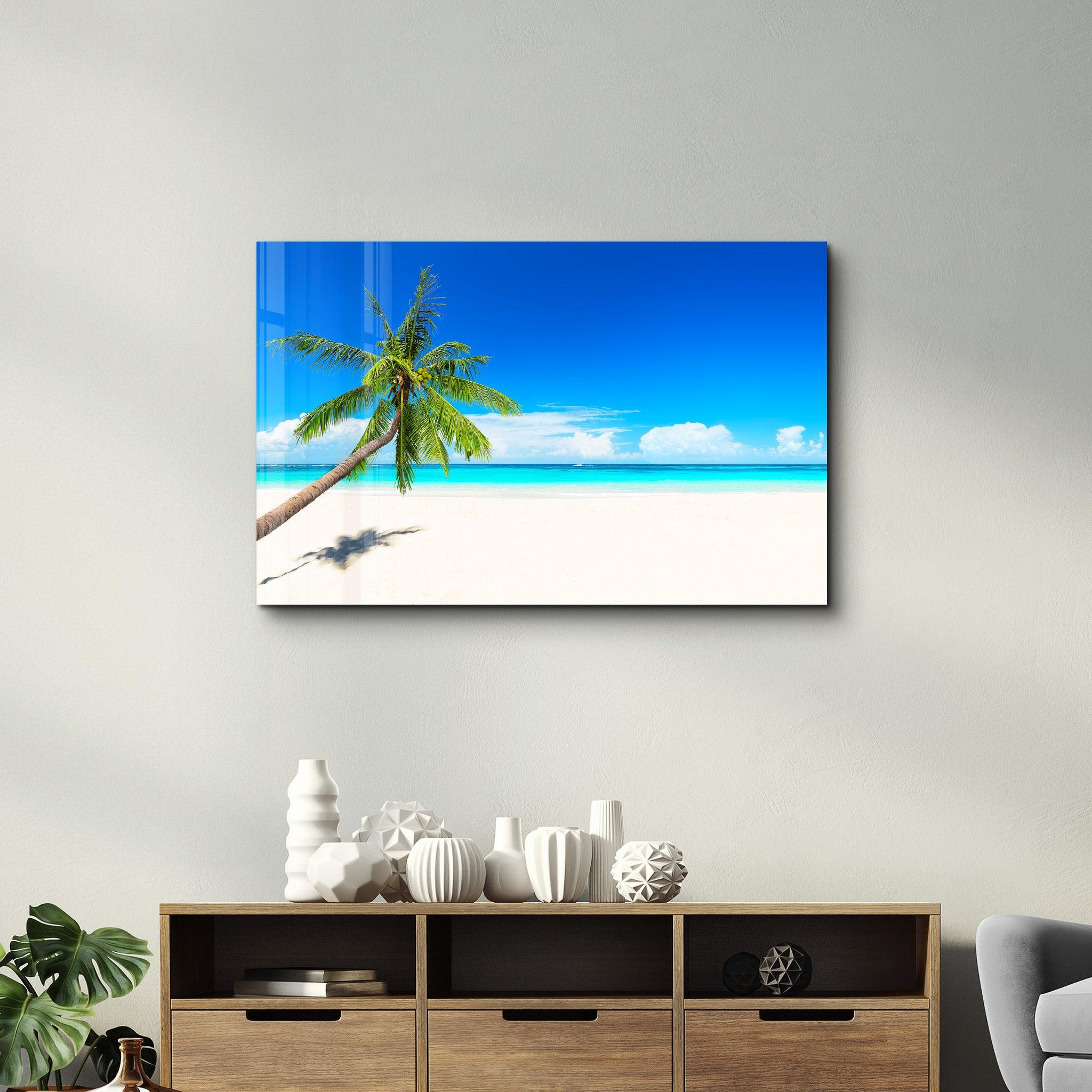 Paradise Calm: The Leaning Palm | Glass Wall Art - Artdesigna