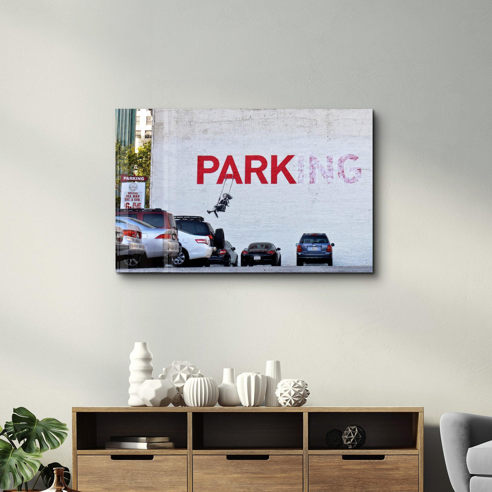 Banksy - Parking | Designer's Collection Glass Wall Art - Artdesigna